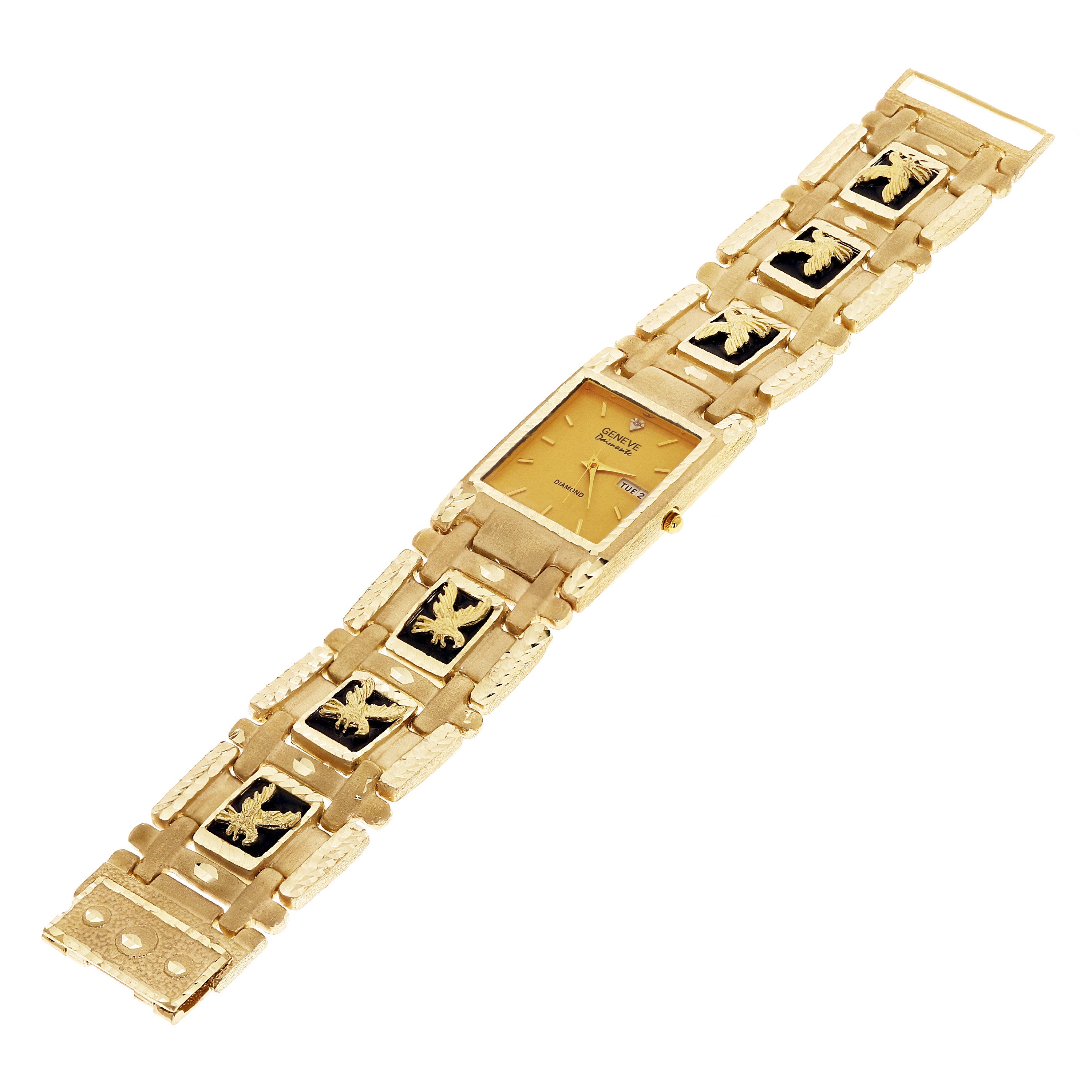 14k Yellow Gold Watch Band Eagle&Black Onyx Geneve Diamond Watch 7.5" 73.4 grams - With Seconds 7.5" 73.4 grams