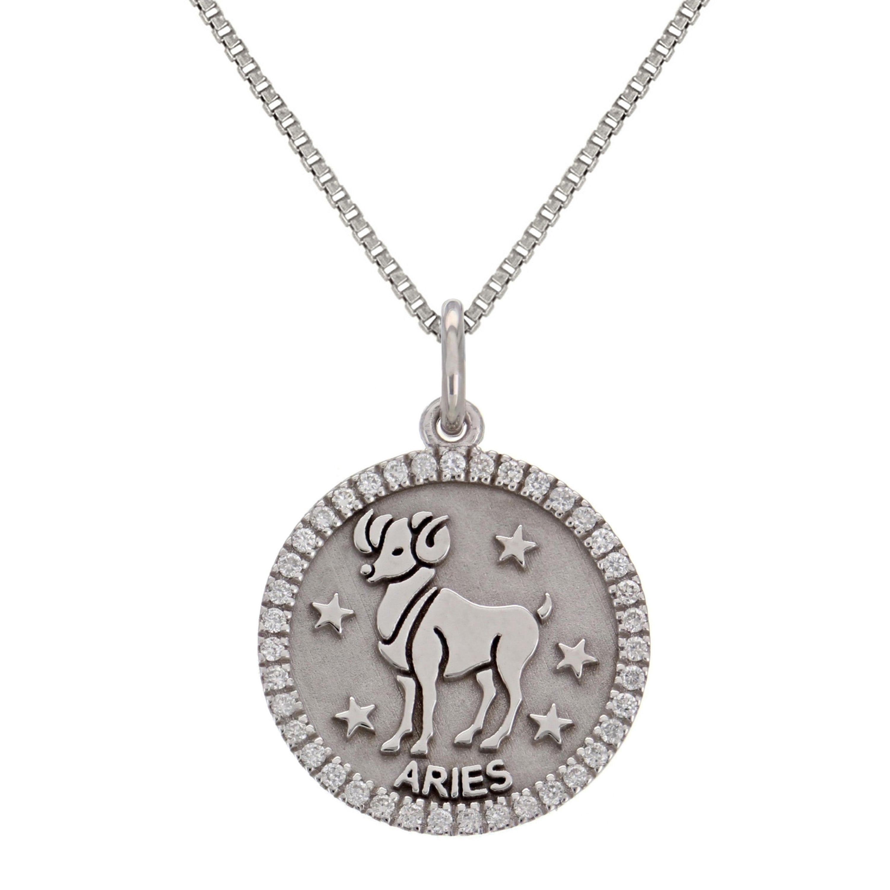 14k White Gold Diamond Zodiac Sign Aries Pendant Necklace 18" - Aries,White