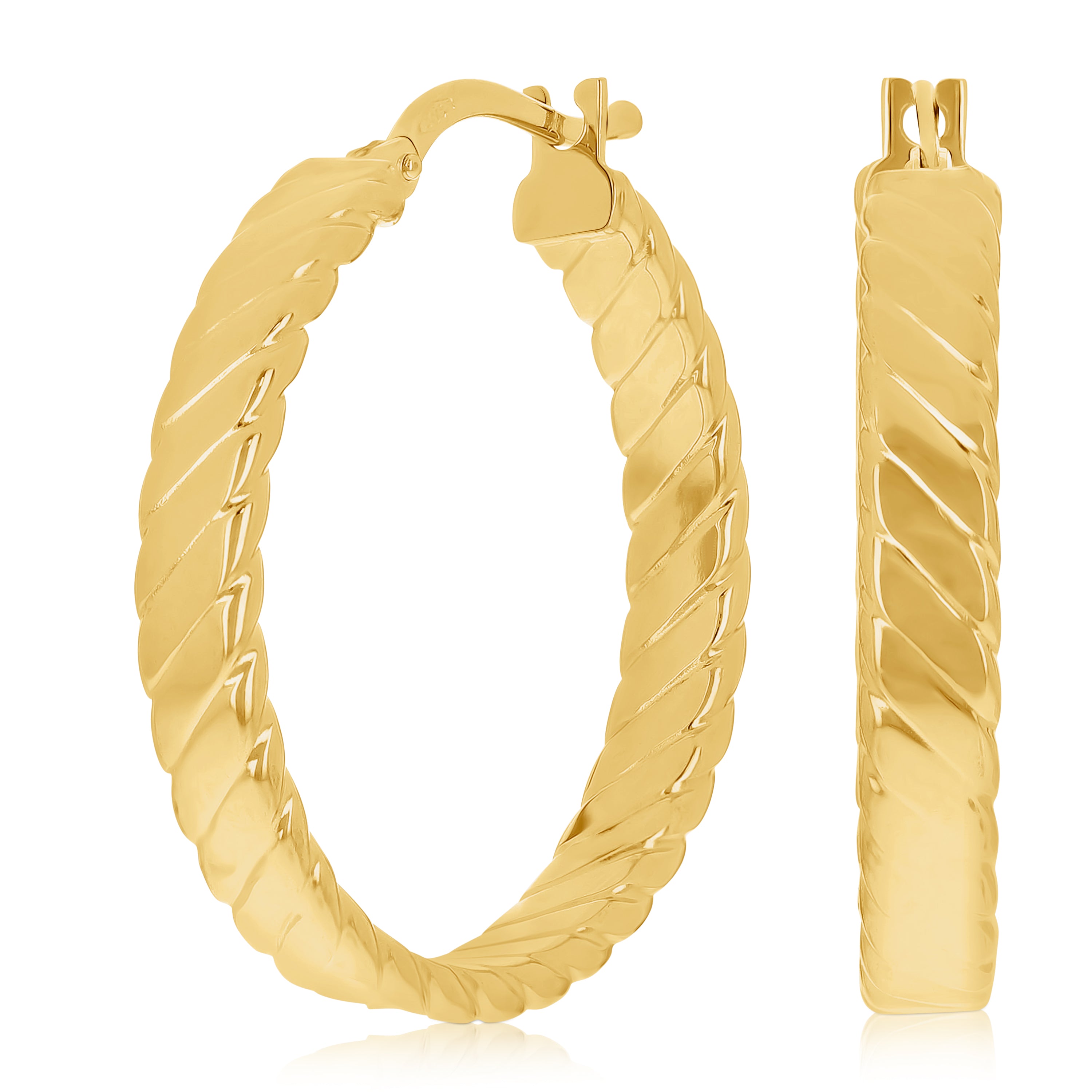 Italian 14k Yellow Gold Hollow Flat Rope Hoop Earrings 1.1" 4mm 2.6 grams