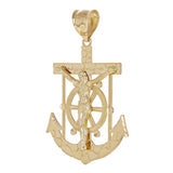 14k Yellow Gold Jesus Christ Crucifix Nugget Anchor Ship Mariners Pendant 2"