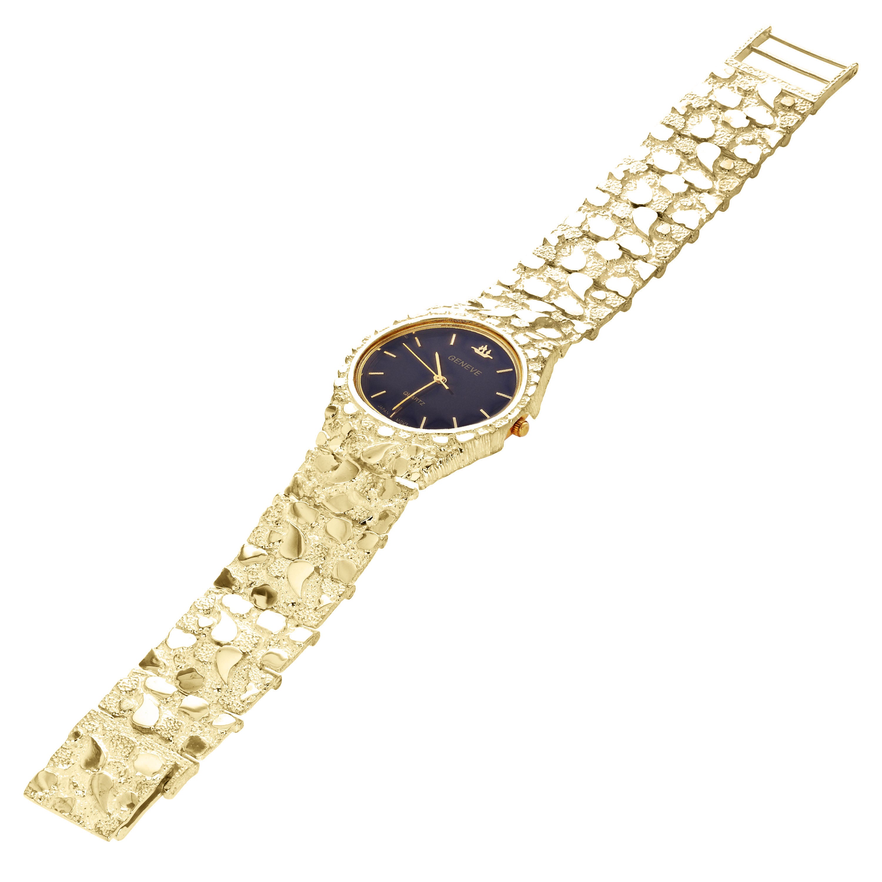 10k Yellow Gold Nugget Link Geneve Wrist Watch Straight Band Adj.8-8.5" 71.2g - 8.5" 71.2 grams
