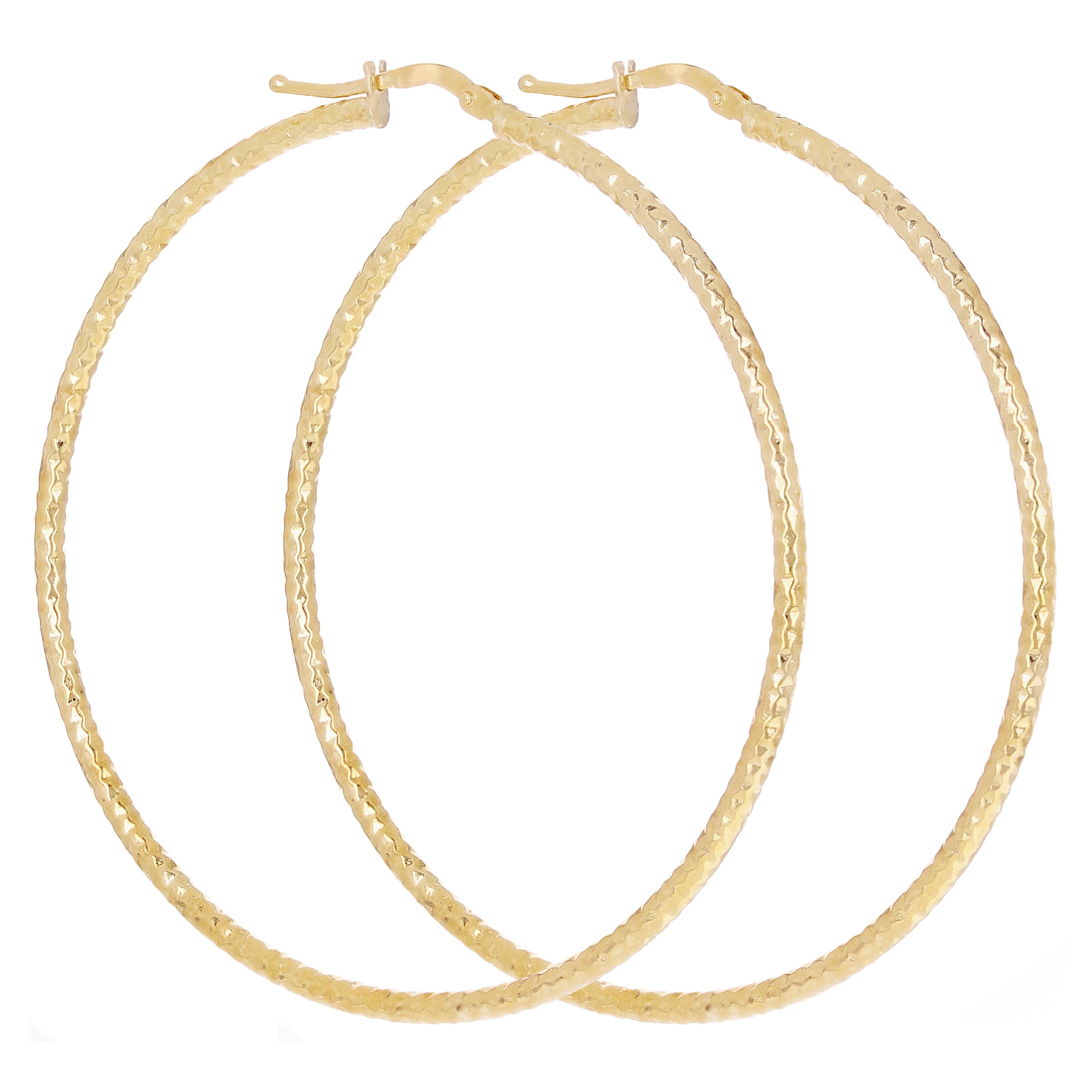 Italian 14k Yellow Gold Diamond Cut Hollow Round Hoop Earrings 2.2" 2mm 3.3grams