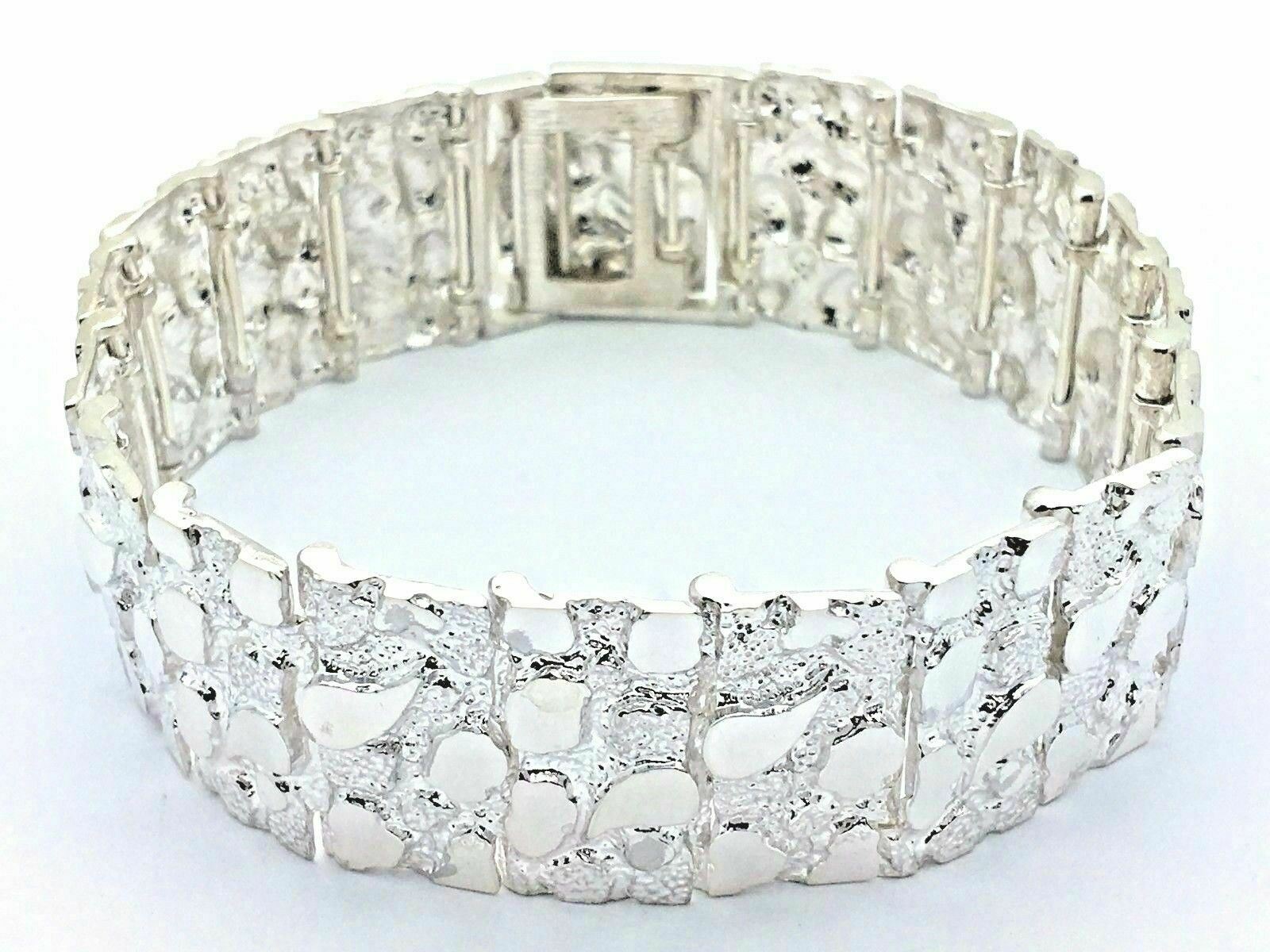 925 Sterling Silver Solid Nugget Bracelet Adjustable 8" 21.5mm 51.3 grams