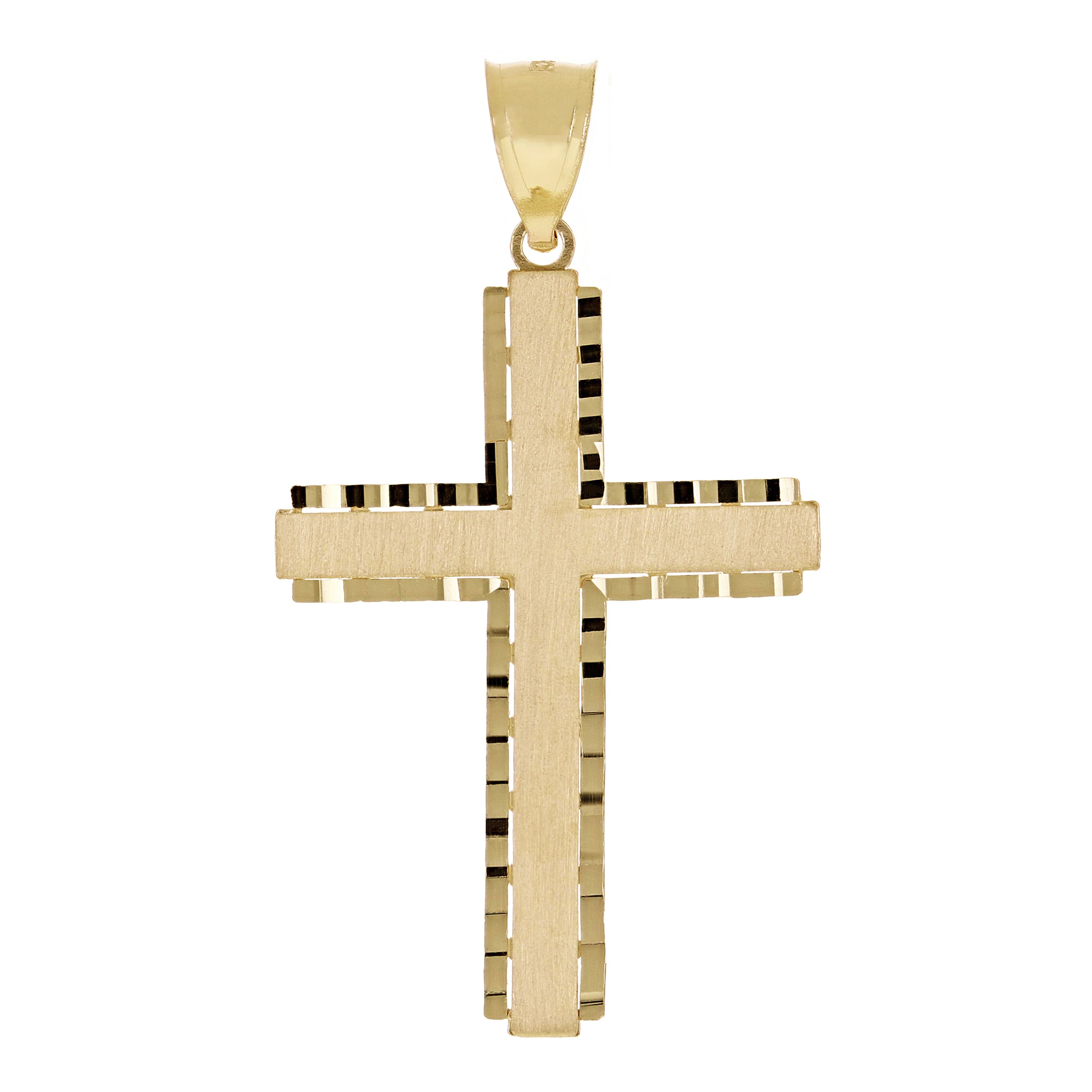 14k Yellow Gold Solid Diamond Cut Satin Cross Pendant 1.9" 3.7 grams