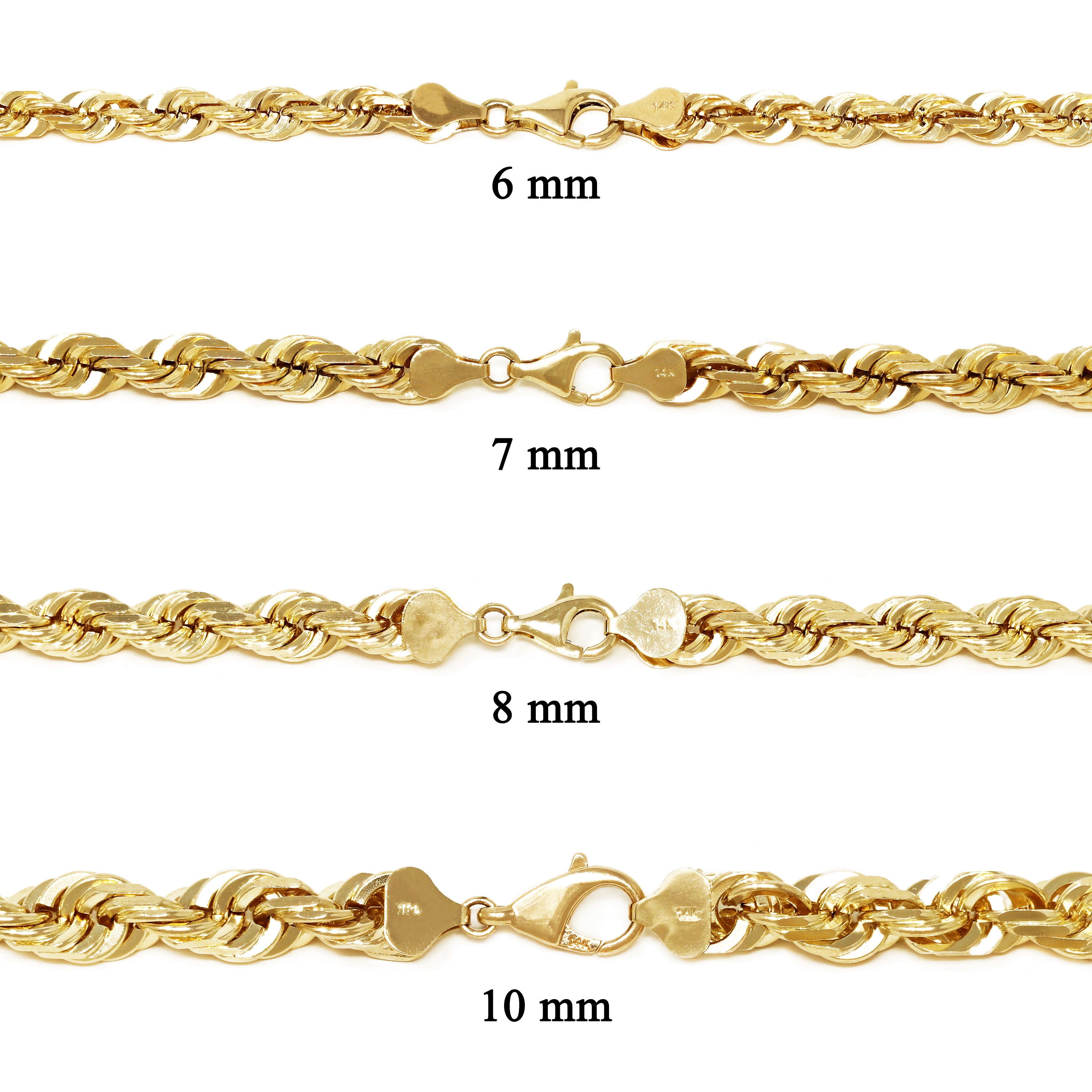 14k Yellow Gold Solid Diamond Cut Rope Chain Necklace 6mm,7mm,8mm