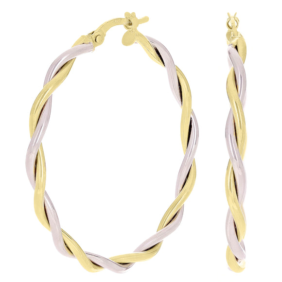 Italian 14k Yellow & White Gold Polished Twisted Hollow Hoop Earrings 1.6
