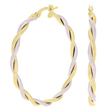 Italian 14k Yellow & White Gold Polished Twisted Hollow Hoop Earrings 1.6" 3mm