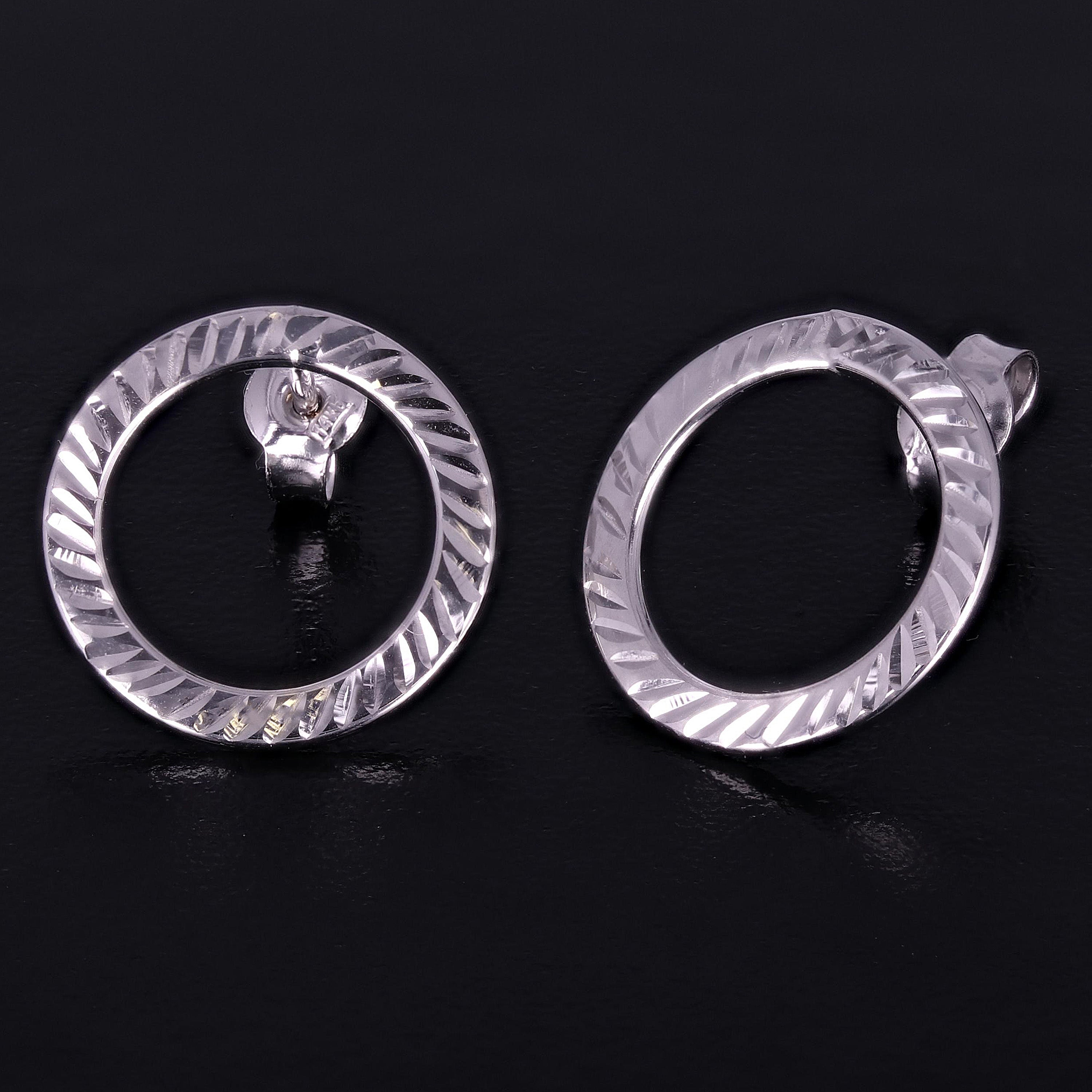 Italian 14k White Gold Diamond-Cut Open Eternity Circle Hoop Drop Stud Earrings - White