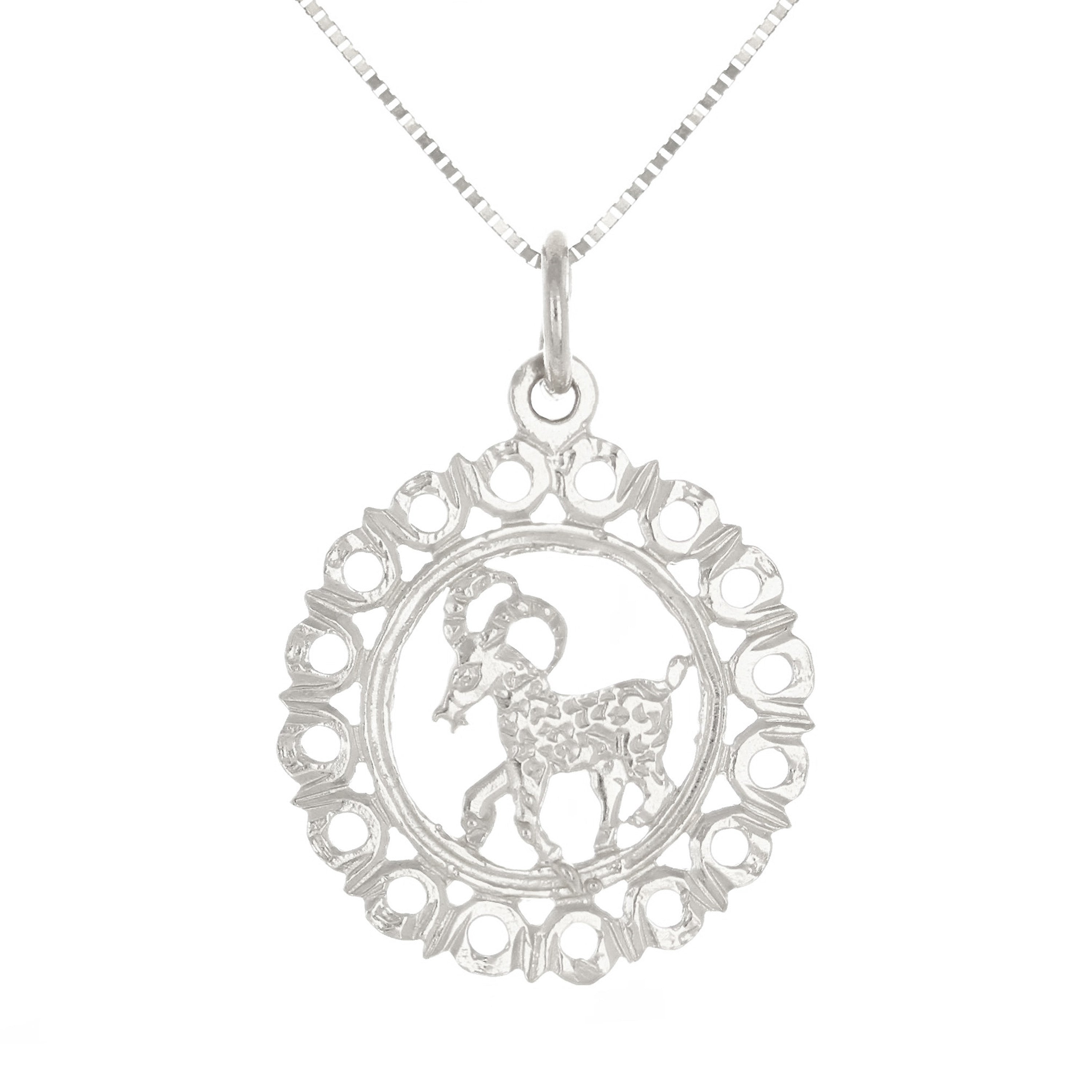 14k White Gold Zodiac Sign Aries Pendant Necklace 18" - Aries,White