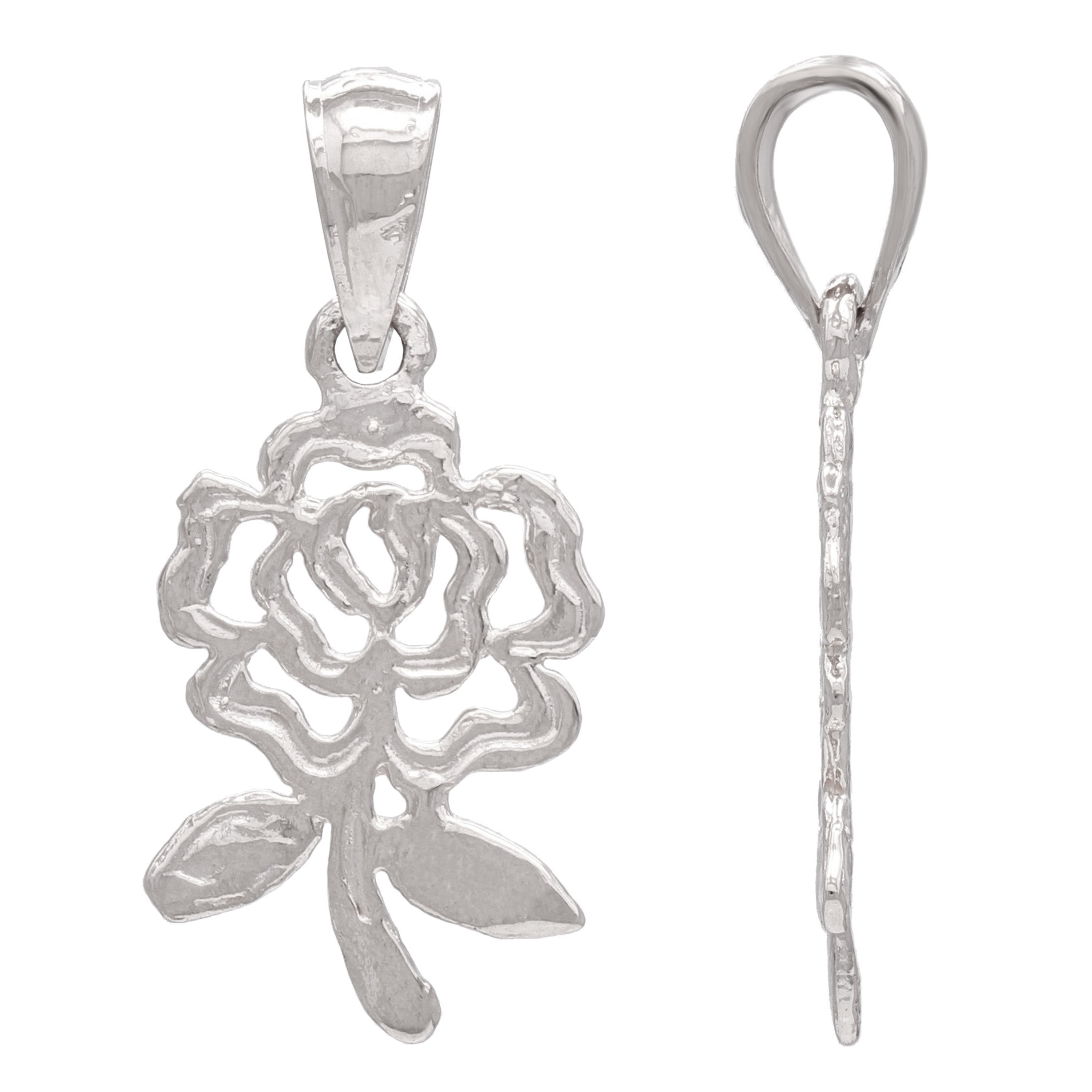 14k White Gold Solid Diamond Cut Rose Flower Charm Pendant 1.1 grams - White
