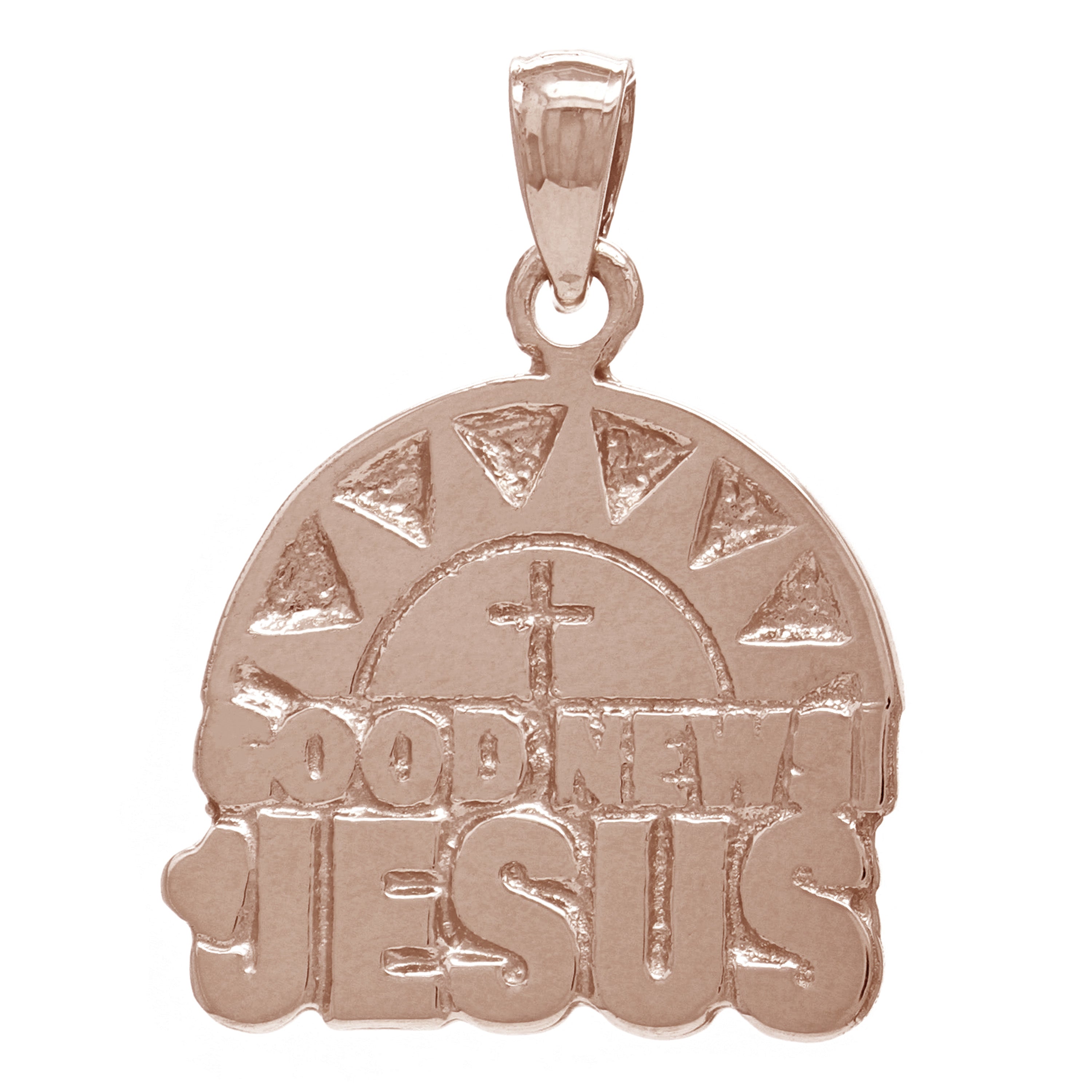 14k Rose Gold Sun Cross GOOD NEWS JESUS Pendant - Rose