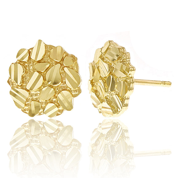 14k Yellow Gold Diamond Cut Nugget Round Stud Earrings 10mm x 9.5mm 1.3 grams
