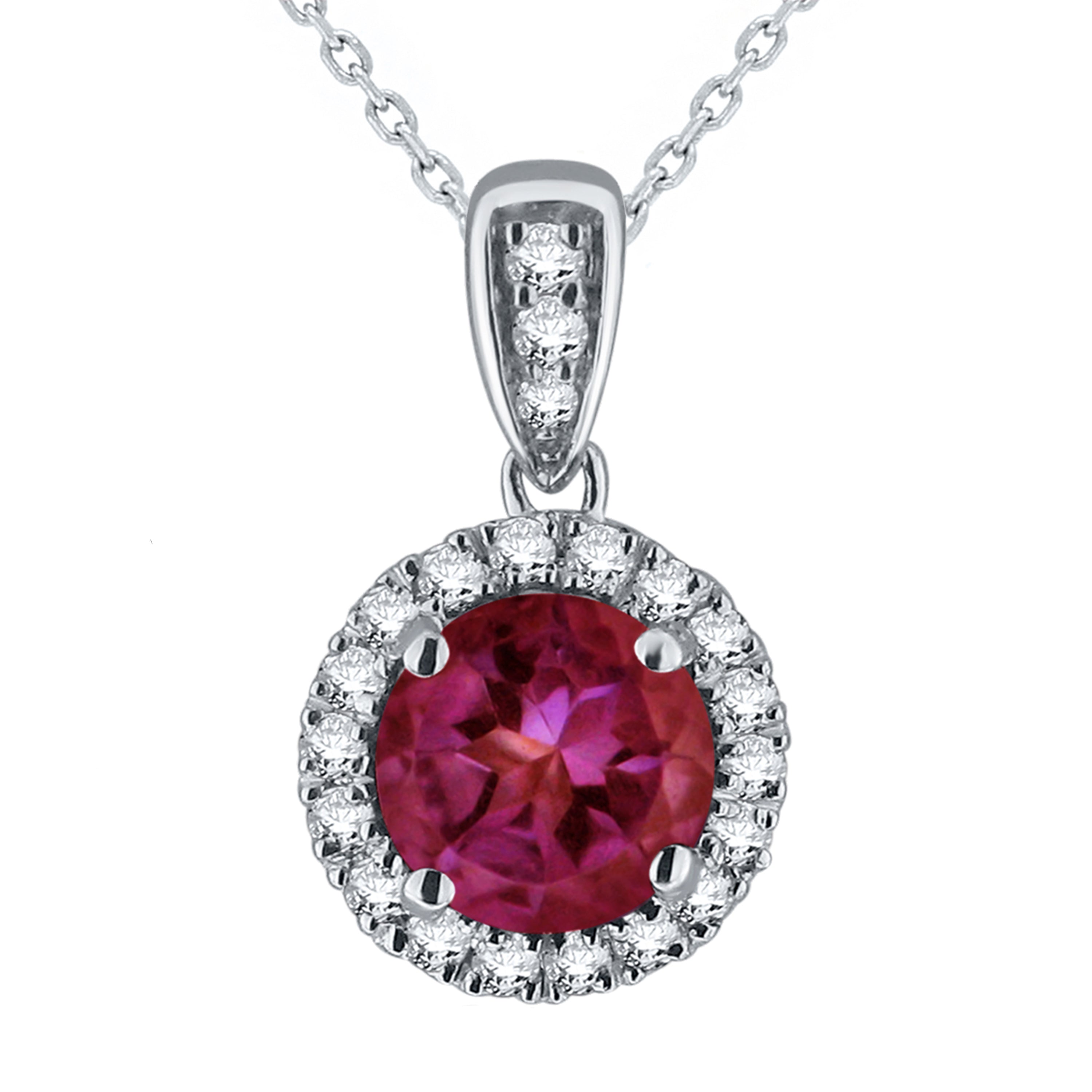 10k White Gold Round Amethyst or Garnet 1/8 ctw Diamond Halo Pendant Necklace 18"