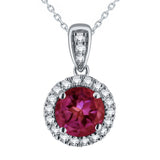 10k White Gold Round Amethyst or Garnet 1/8 ctw Diamond Halo Pendant Necklace 18"