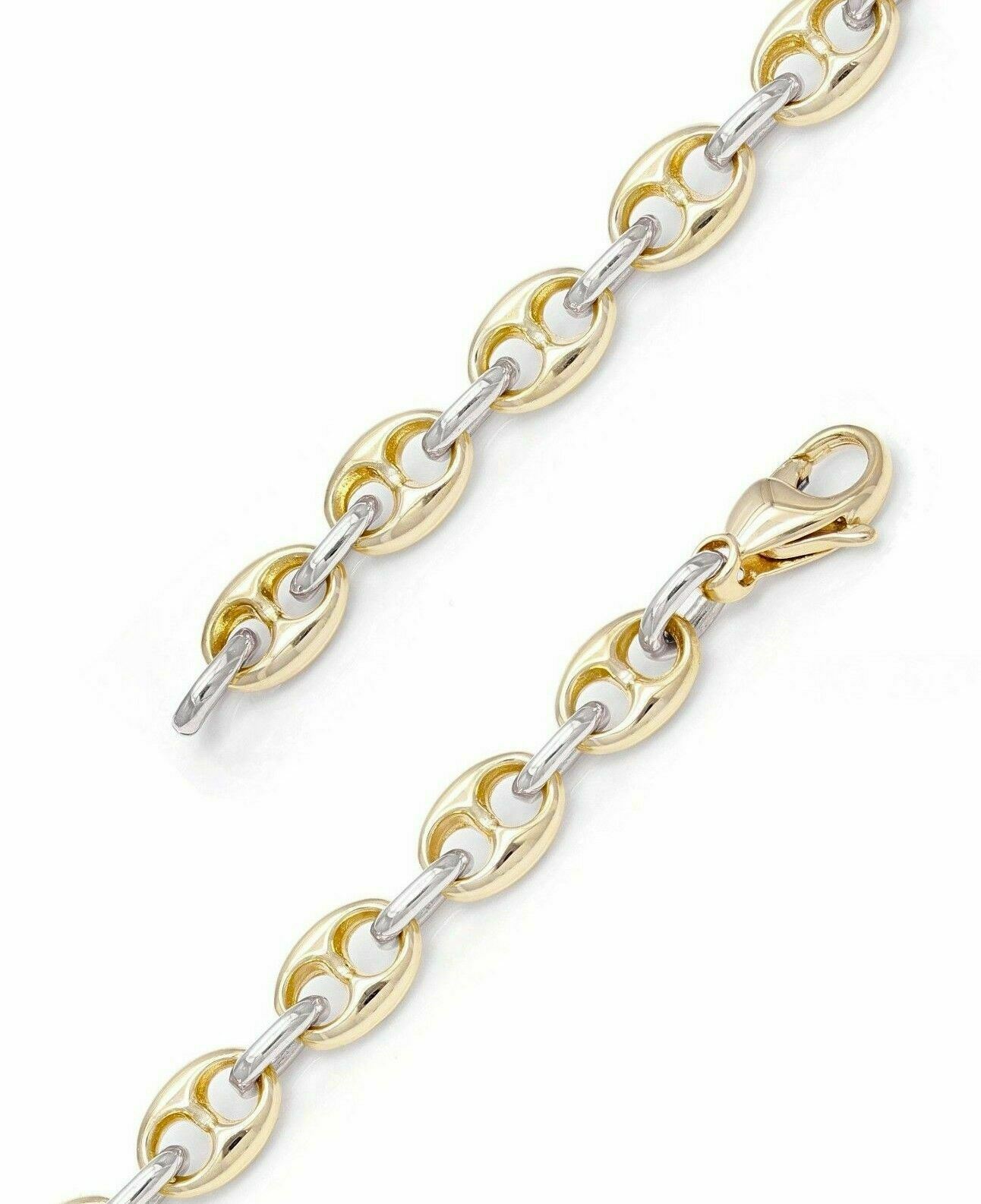 14k Two Tone Gold Solid Puffy Mariner Gucci Link Chain Bracelet 8" 7.5mm 24.8g - Yellow and White,80"