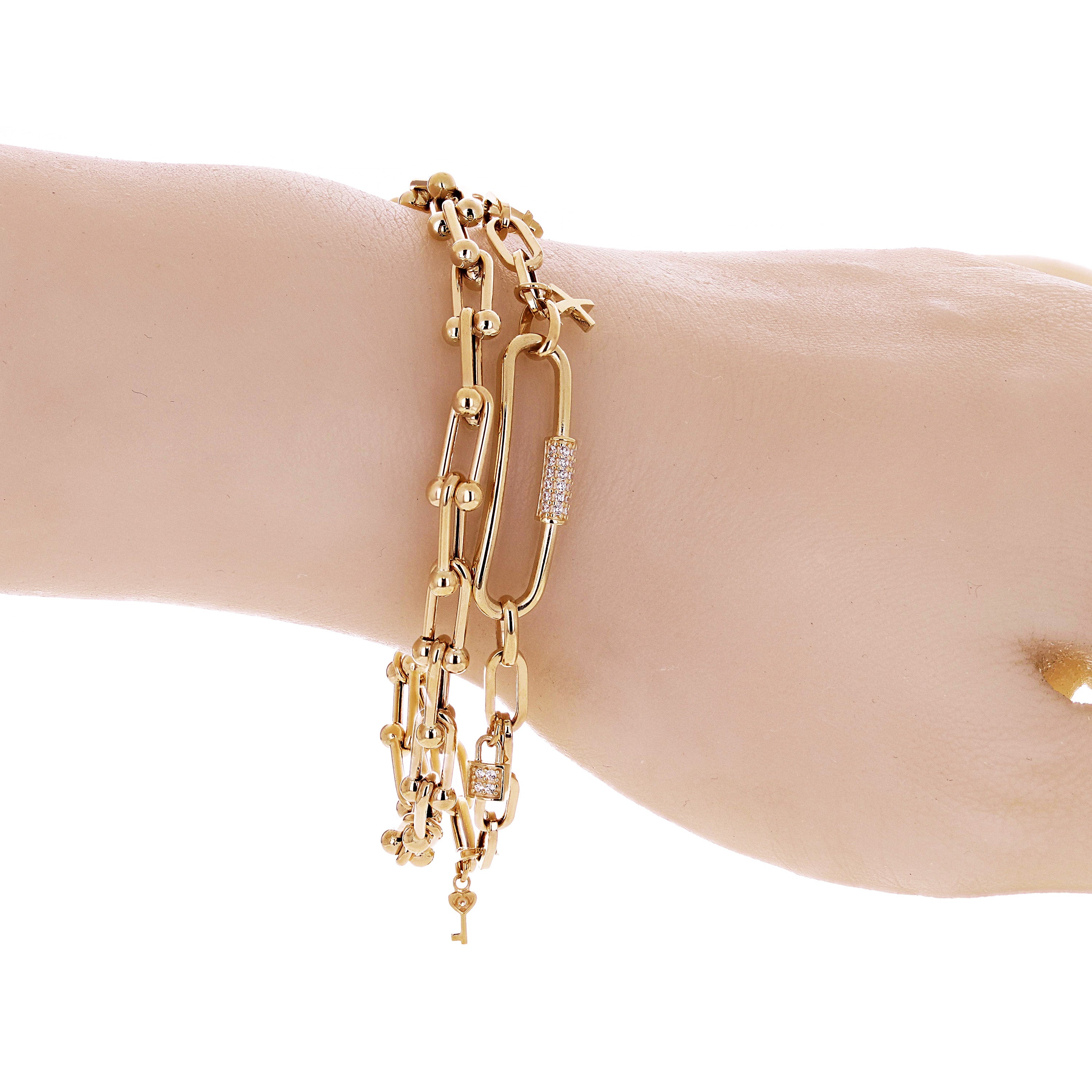 Italian 14k Yellow Gold Double U Shape Hardwear Link Charm Bracelet with CZ 8" - 8" 12.8 grams