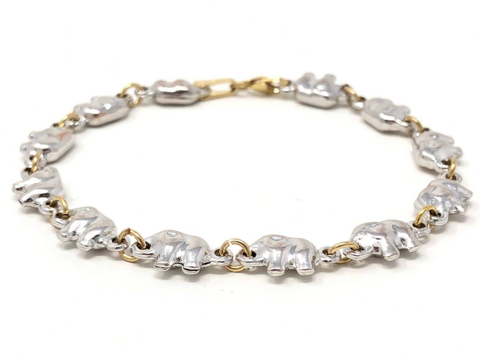 Italian 14k Two Tone Gold Hollow Charm Elephant Bracelet 6.8" 6.7mm 6.6 grams