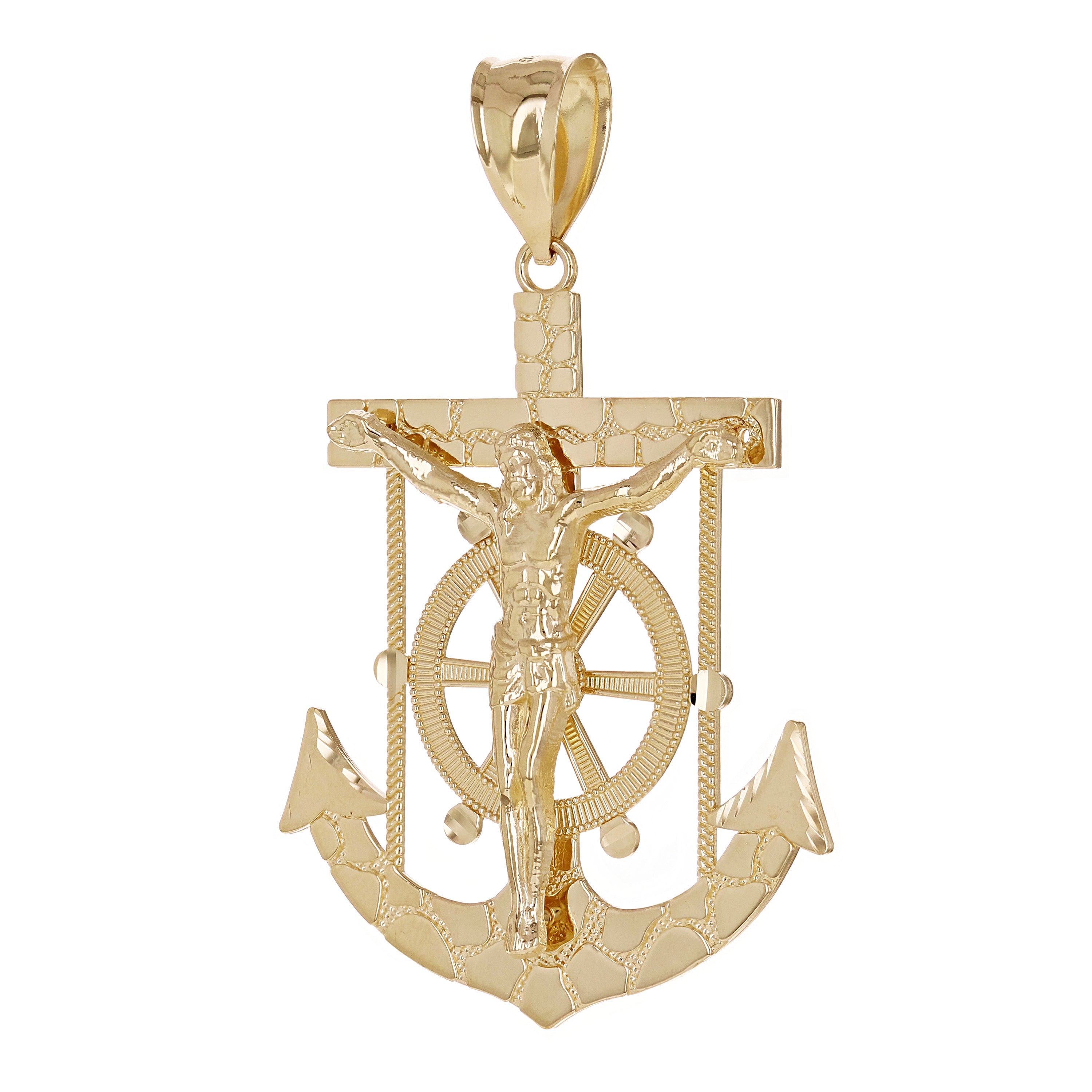 14k Yellow Gold Jesus Christ Crucifix Nugget Anchor Ship Mariners Pendant 2.5"