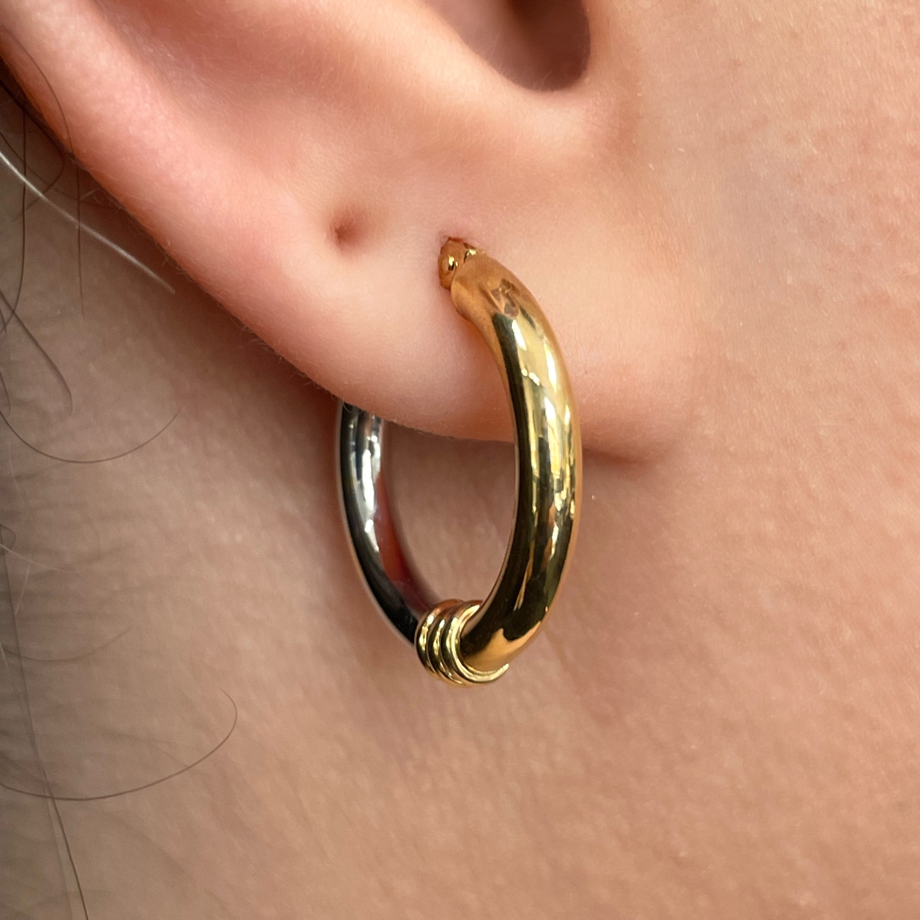 Italian 14k Yellow & White Gold Bright Shine Small Thick Hollow Hoop Earrings