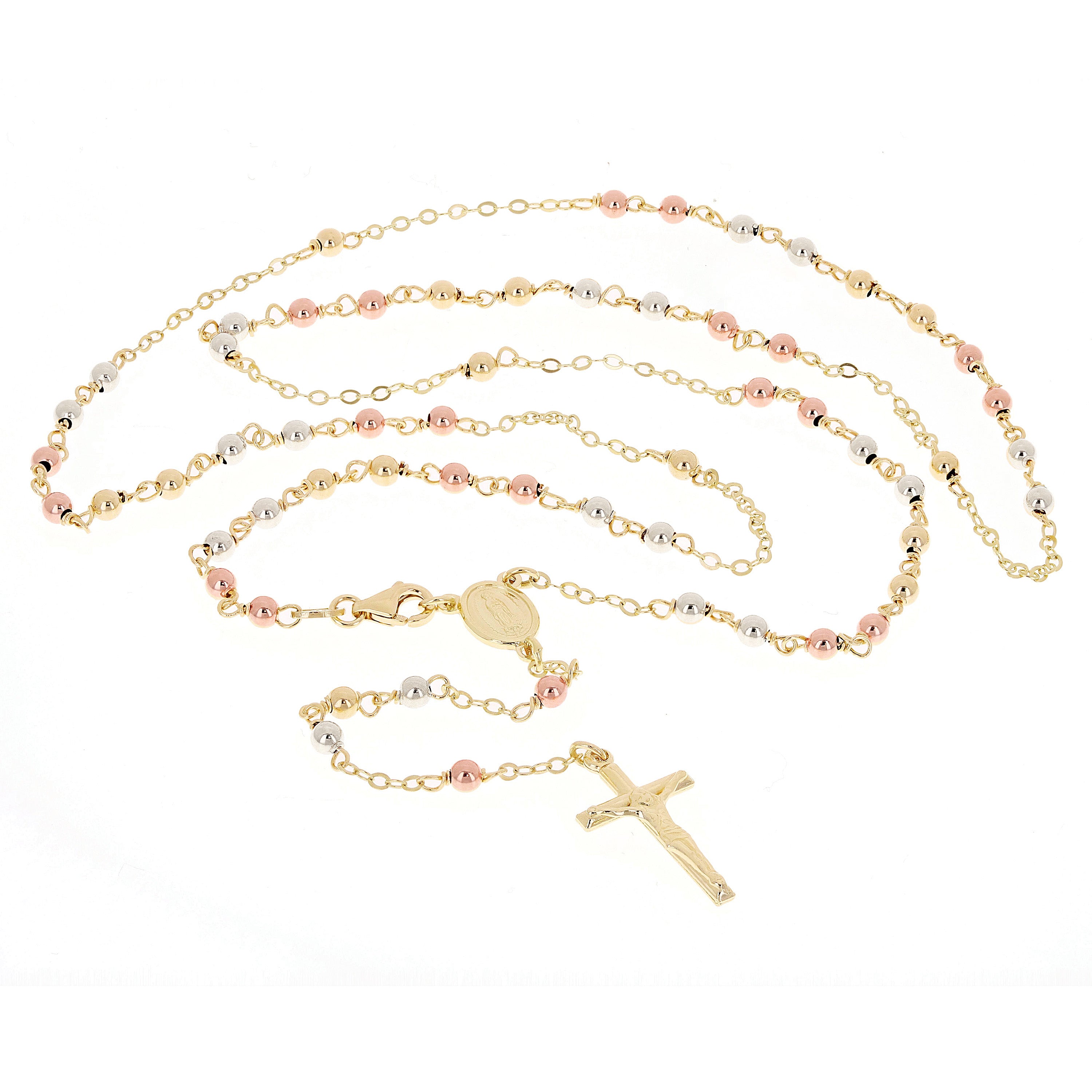 Italian 14k Tri-Color Gold Miraculous Medal Rosary Necklace 24" 3mm 7.4 grams