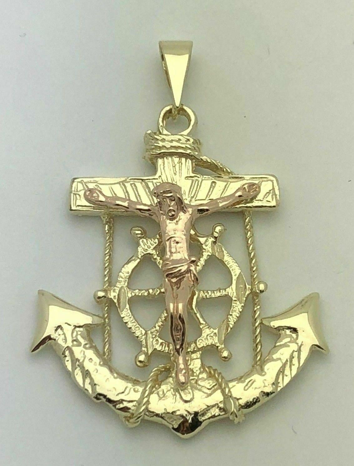 10k Two Tone Gold Jesus Christ Crucifix Anchor Mariner Pendant 8.1 grams