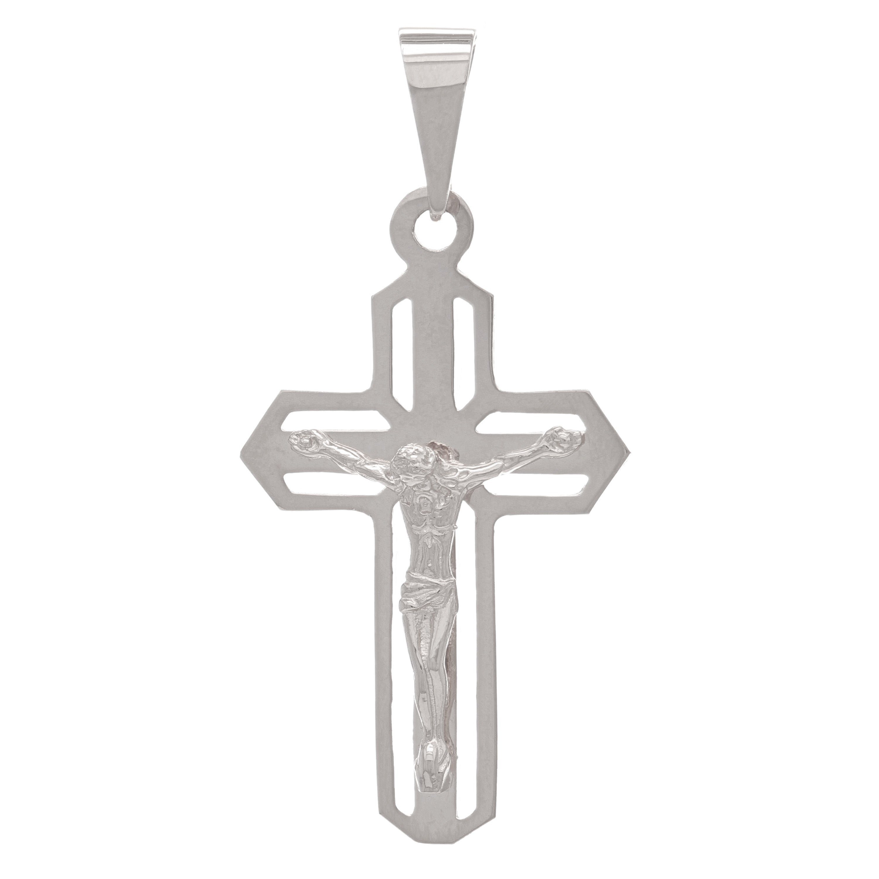14k White Gold Open Cutwork Jesus on Cross Artisan Crucifix Charm Pendant - White