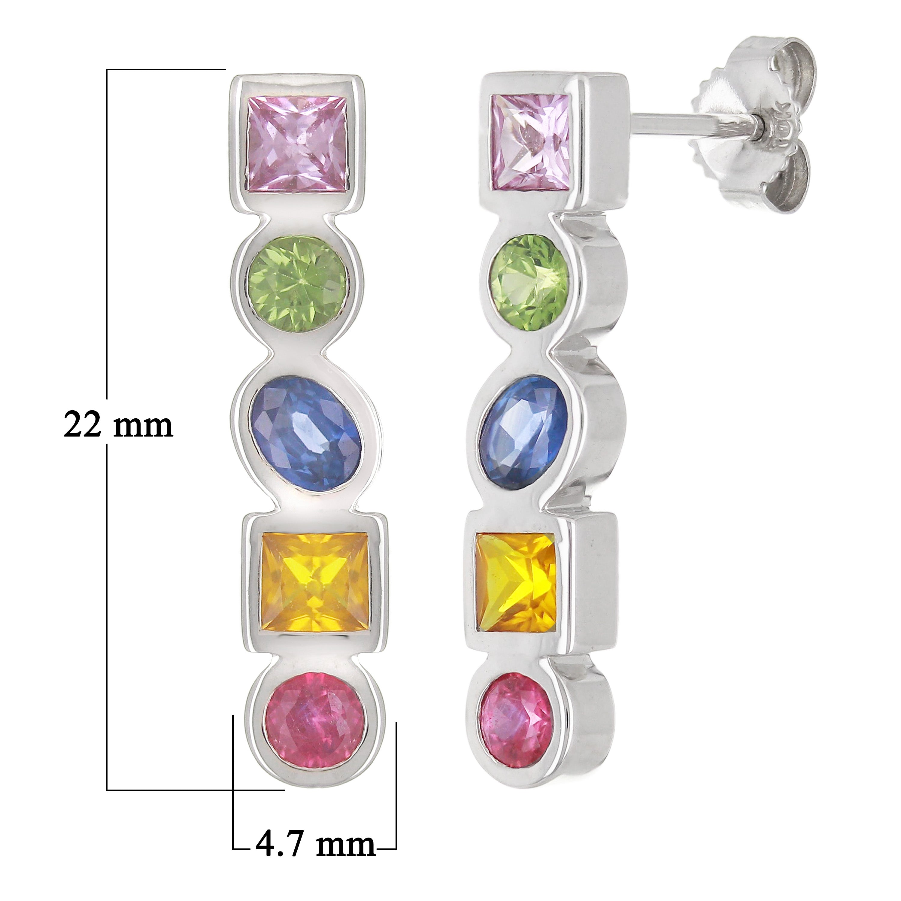 14k White Gold Rainbow Sapphire, Ruby & Citrine Geometric Linear Earrings