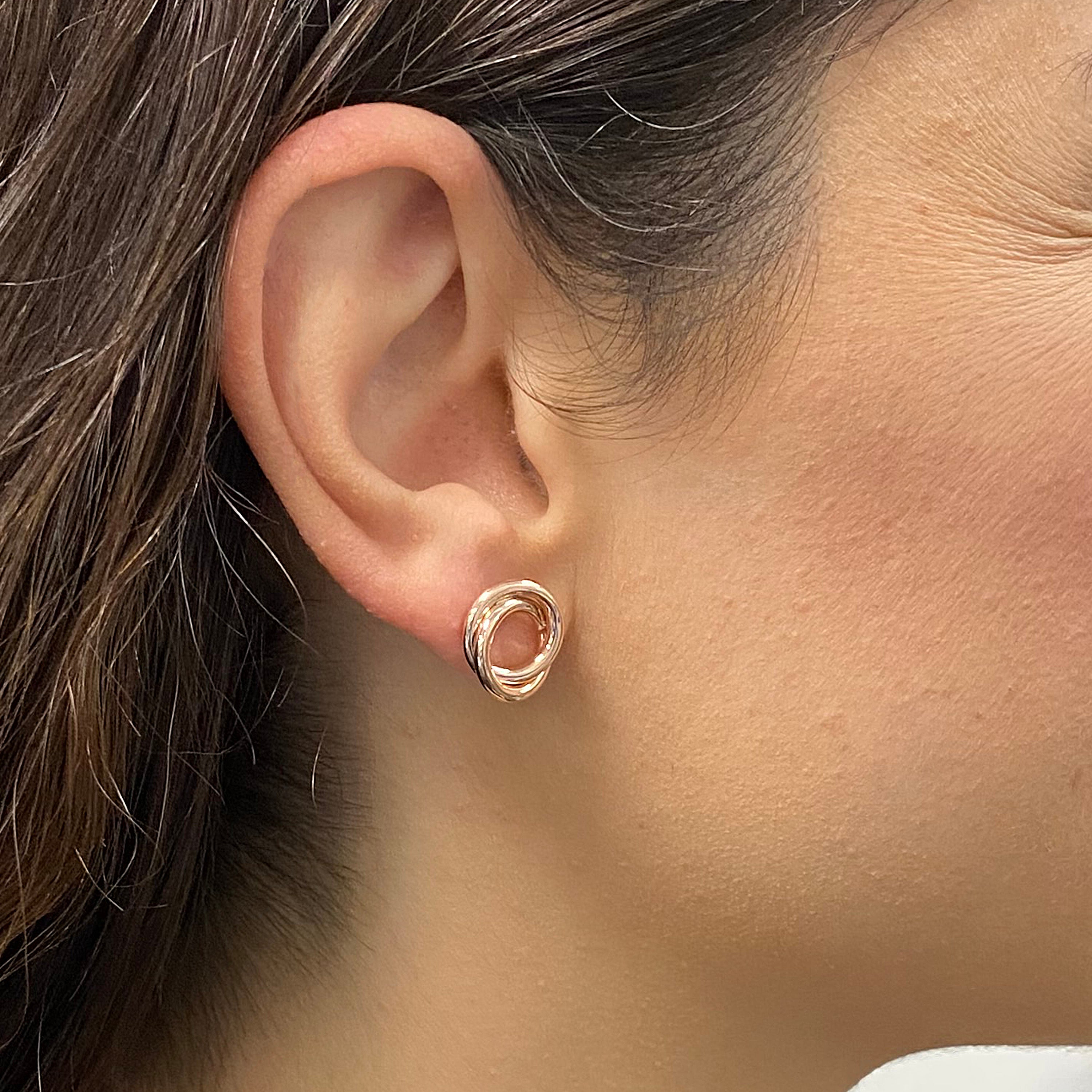 Italian 14k Rose Gold Shiny Modern Petite Double Eternity Circle Stud Earrings - Rose