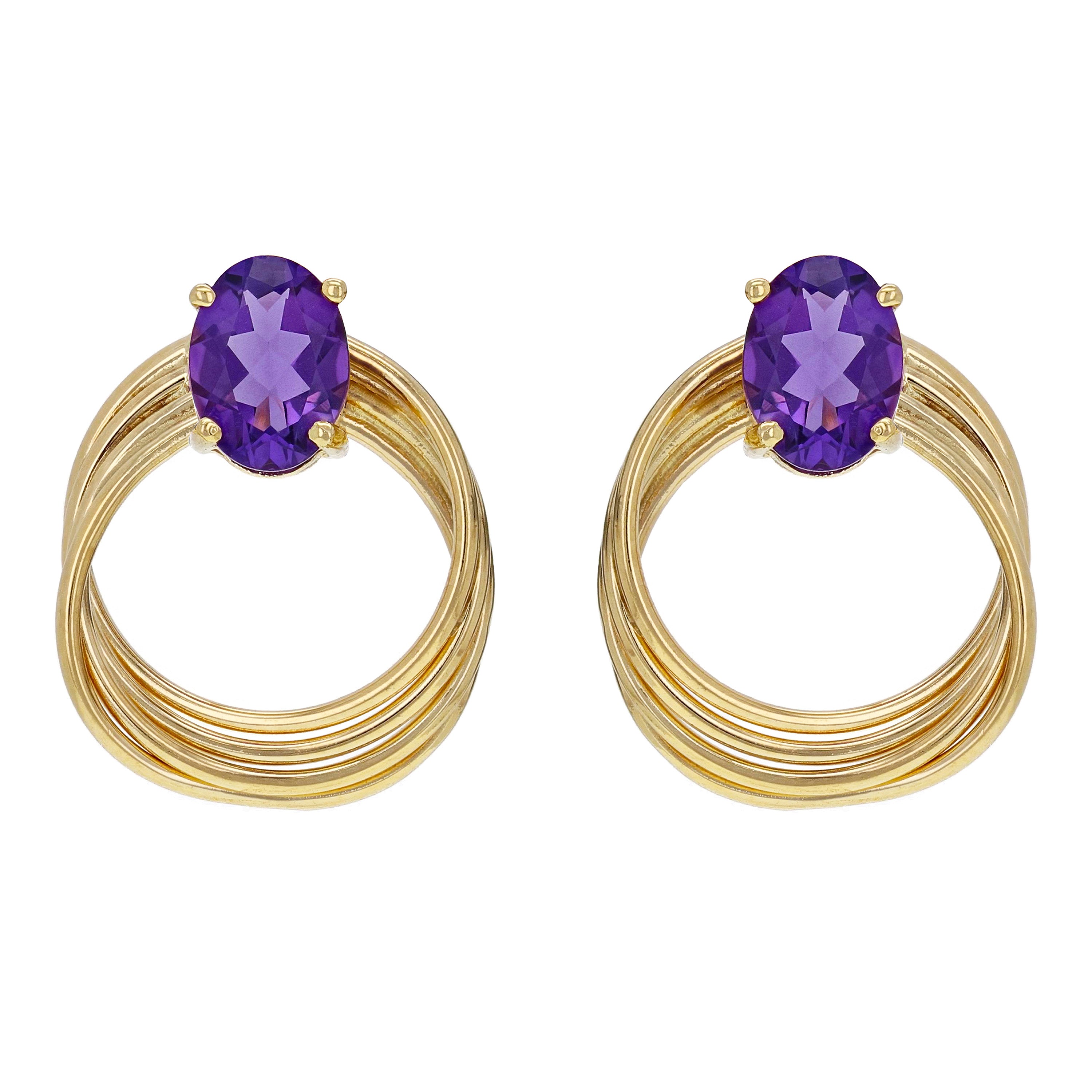 14k Yellow Gold Amethyst 4-Ring Entwined Circle Doorknocker Drop Earrings