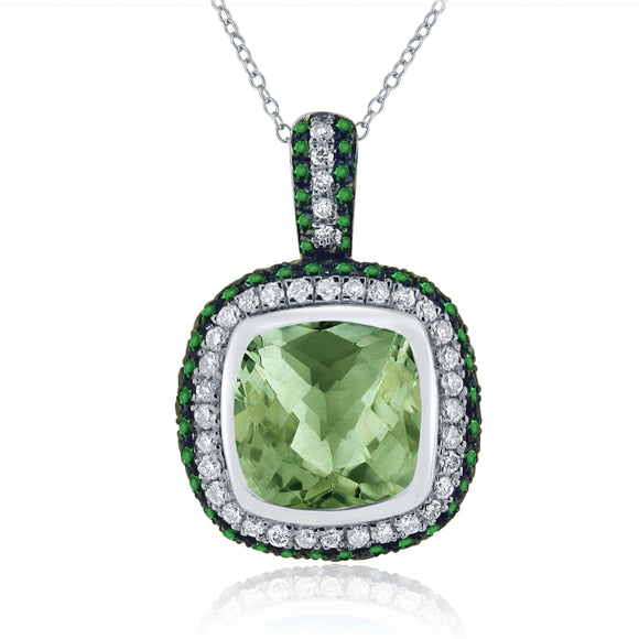 14k White Gold 0.50ctw Green Amethyst, White & Green Diamond Pendant Necklace