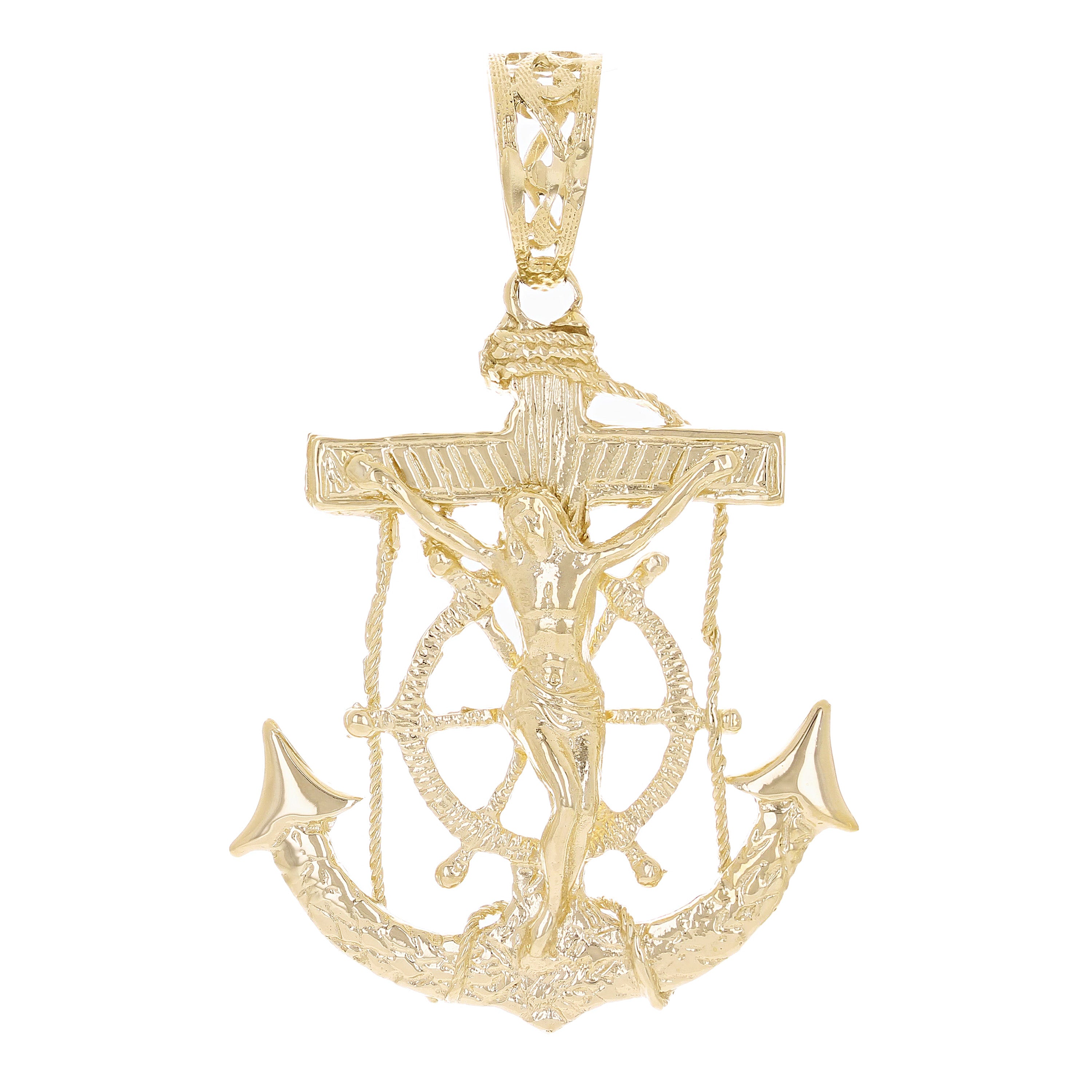 14k Yellow Gold Solid Big Anchor Mariner Cross Jesus Crucifix Pendant 2.6" 17.5g