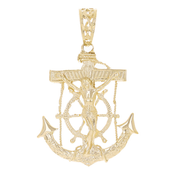 10k Yellow Gold Solid Big Anchor Mariner Cross Jesus Crucifix Pendant 2.6