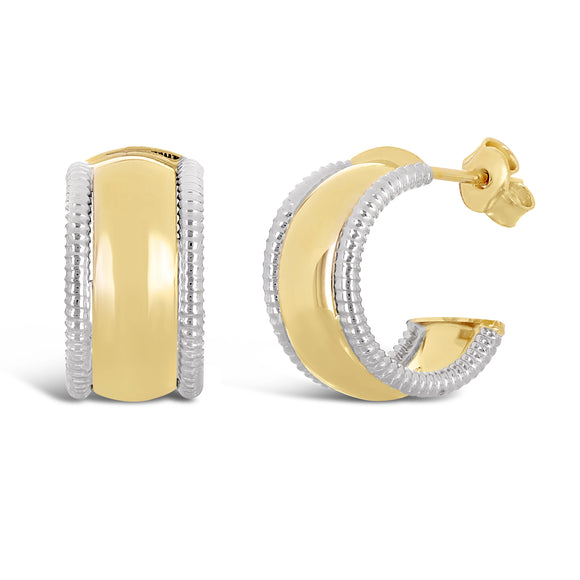 Italian 14k Yellow & White Gold Rope Shiny Small Huggie C-Shaped Hoop Earrings