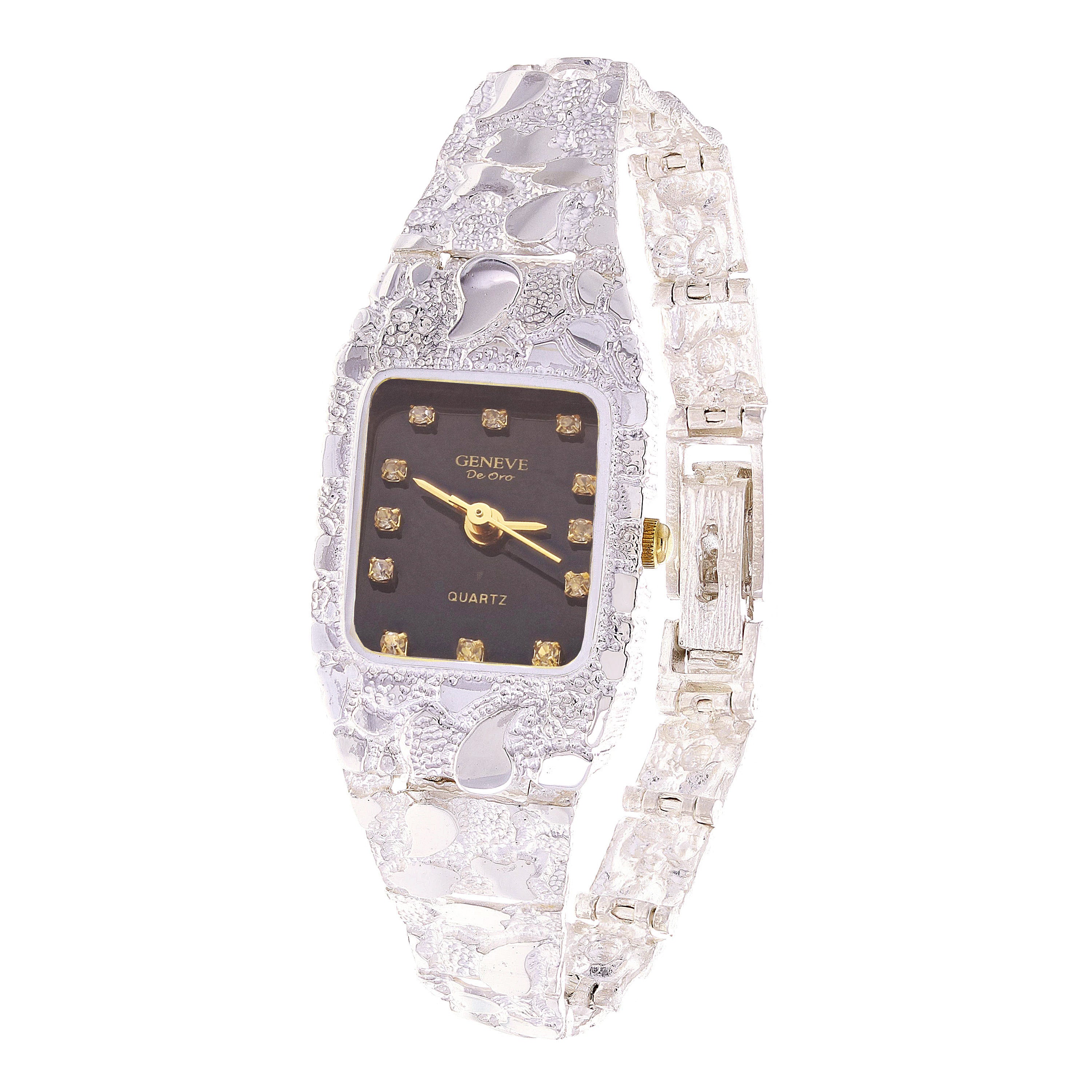 Women's Sterling Silver Nugget Wrist Watch Bracelet with Geneve Diamonds 6.5-7" - Black Faceplate 24.7 grams