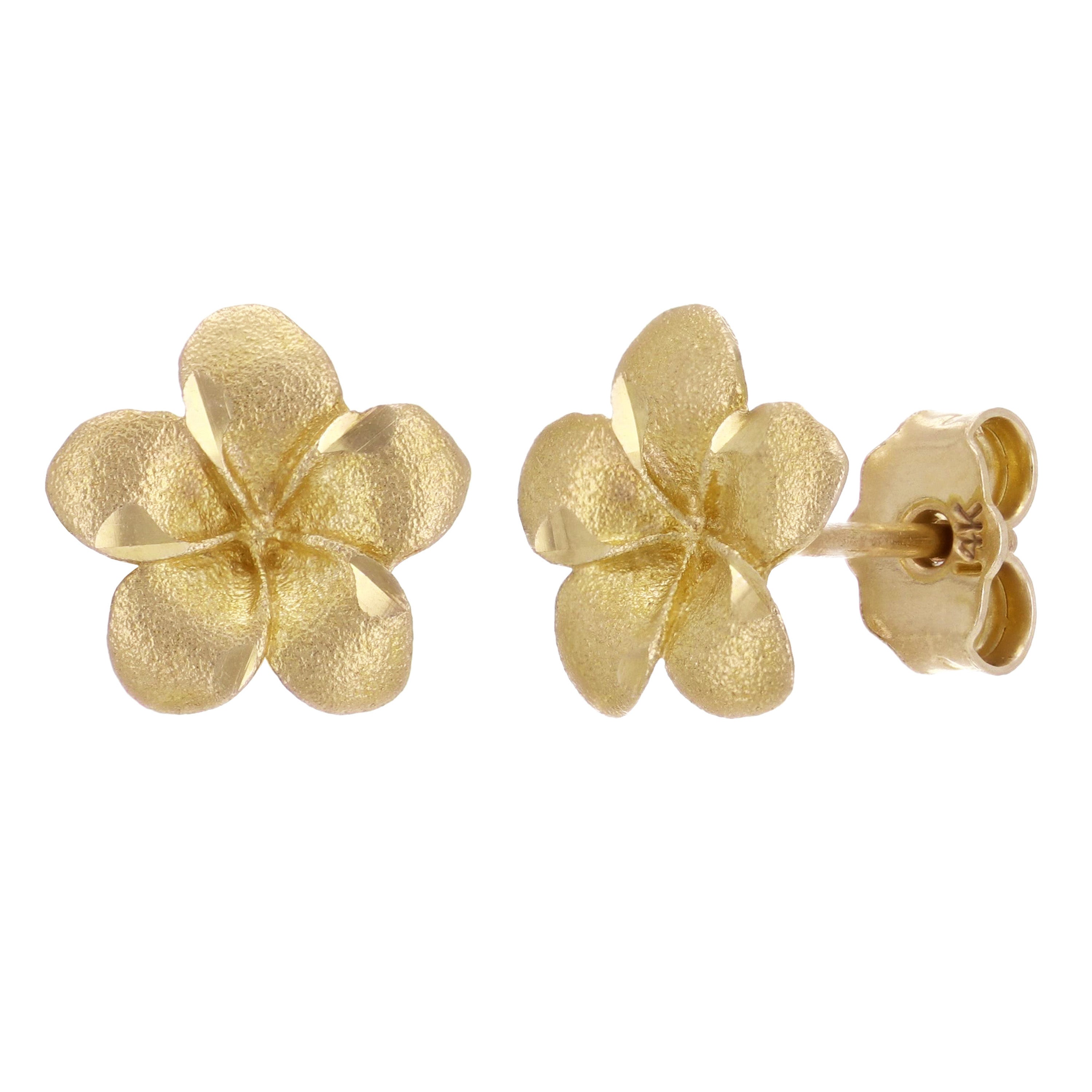 14k Yellow Gold Hawaiian Plumeria Flower Stud Earrings - Yellow