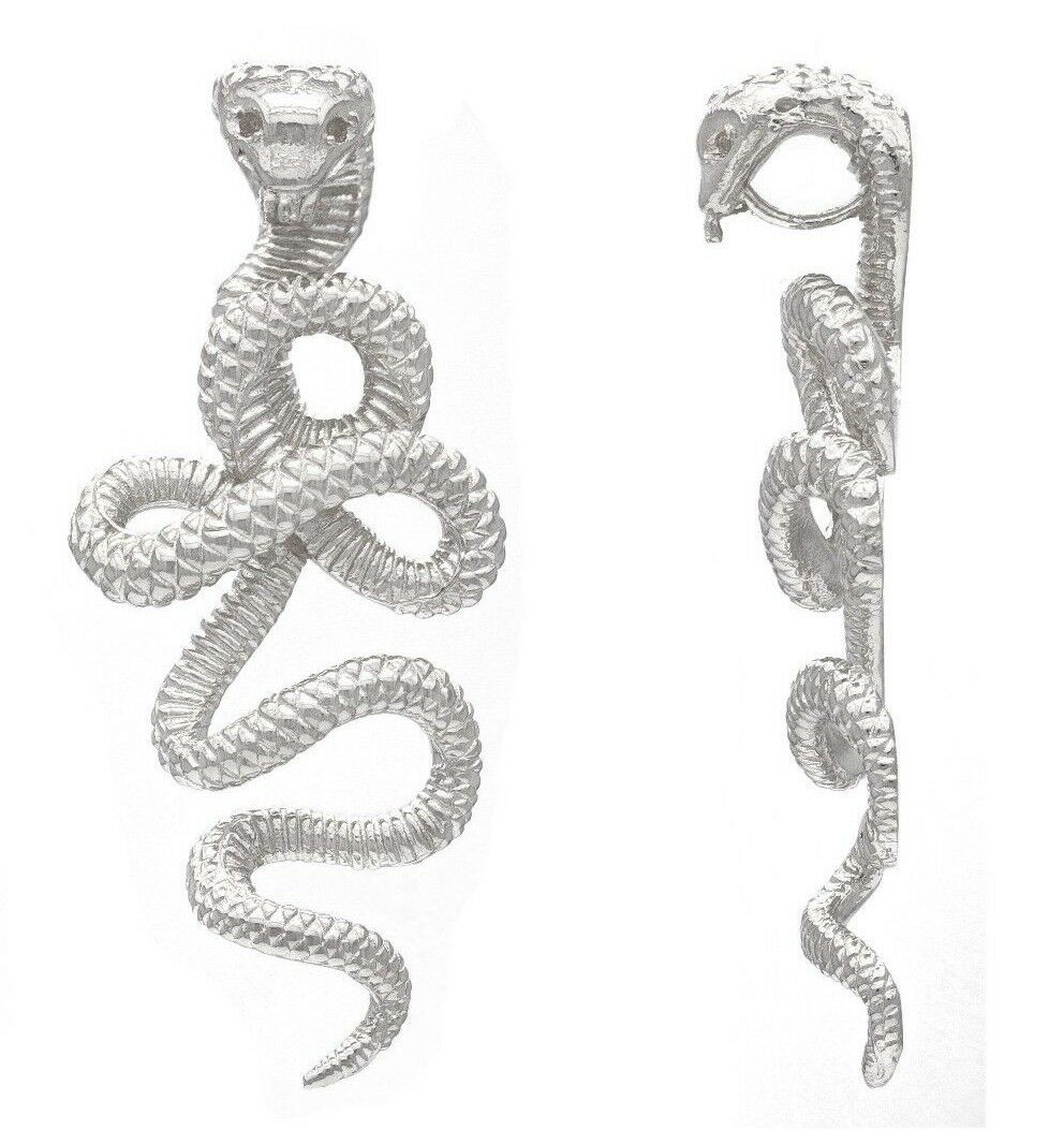 14k White Gold Detailed 3D Cobra Snake Charm Pendant 2" 14.2 grams