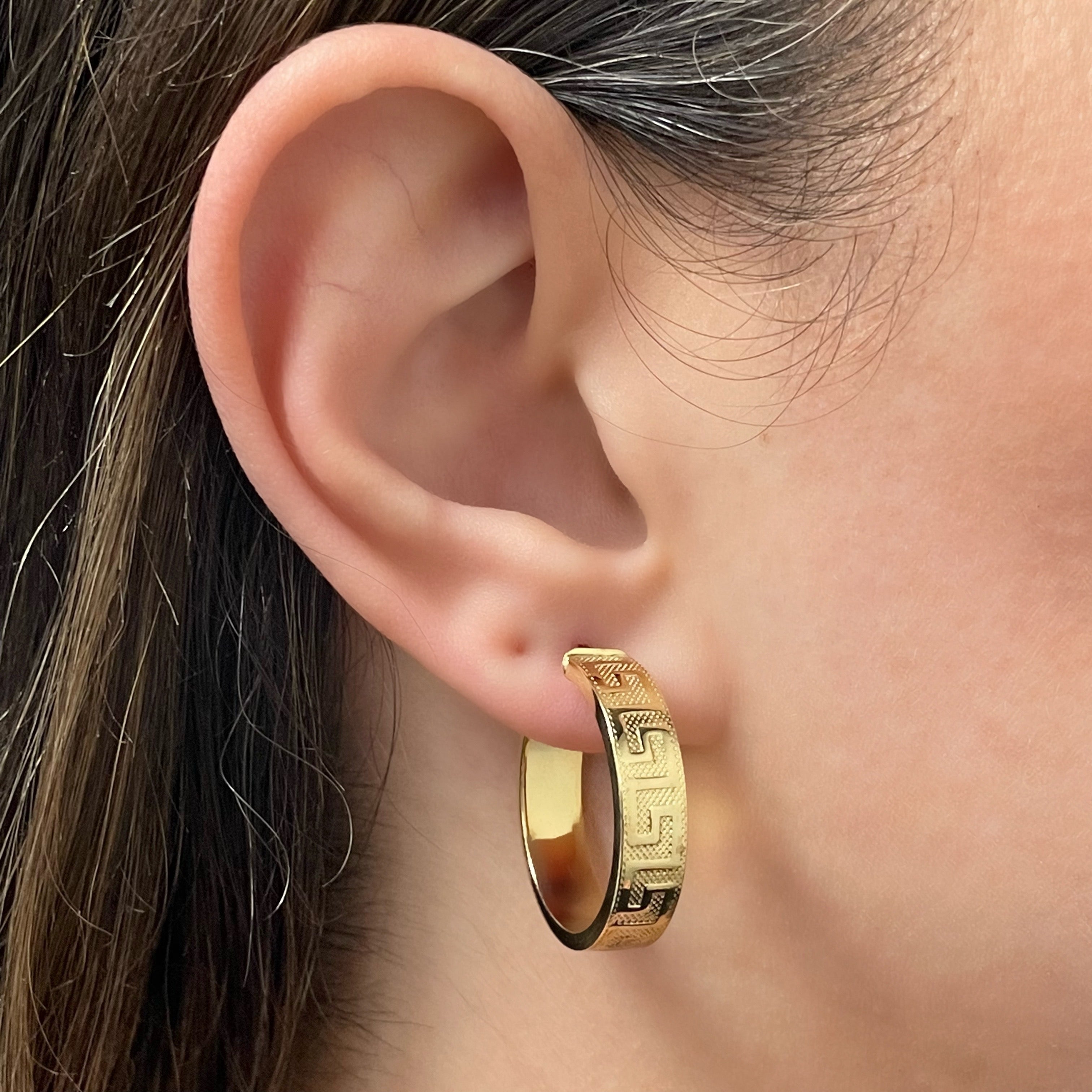 Italian 14k Yellow Gold Hollow Greek Key Hollow Hoop Earrings 1.1" 6mm 3 grams