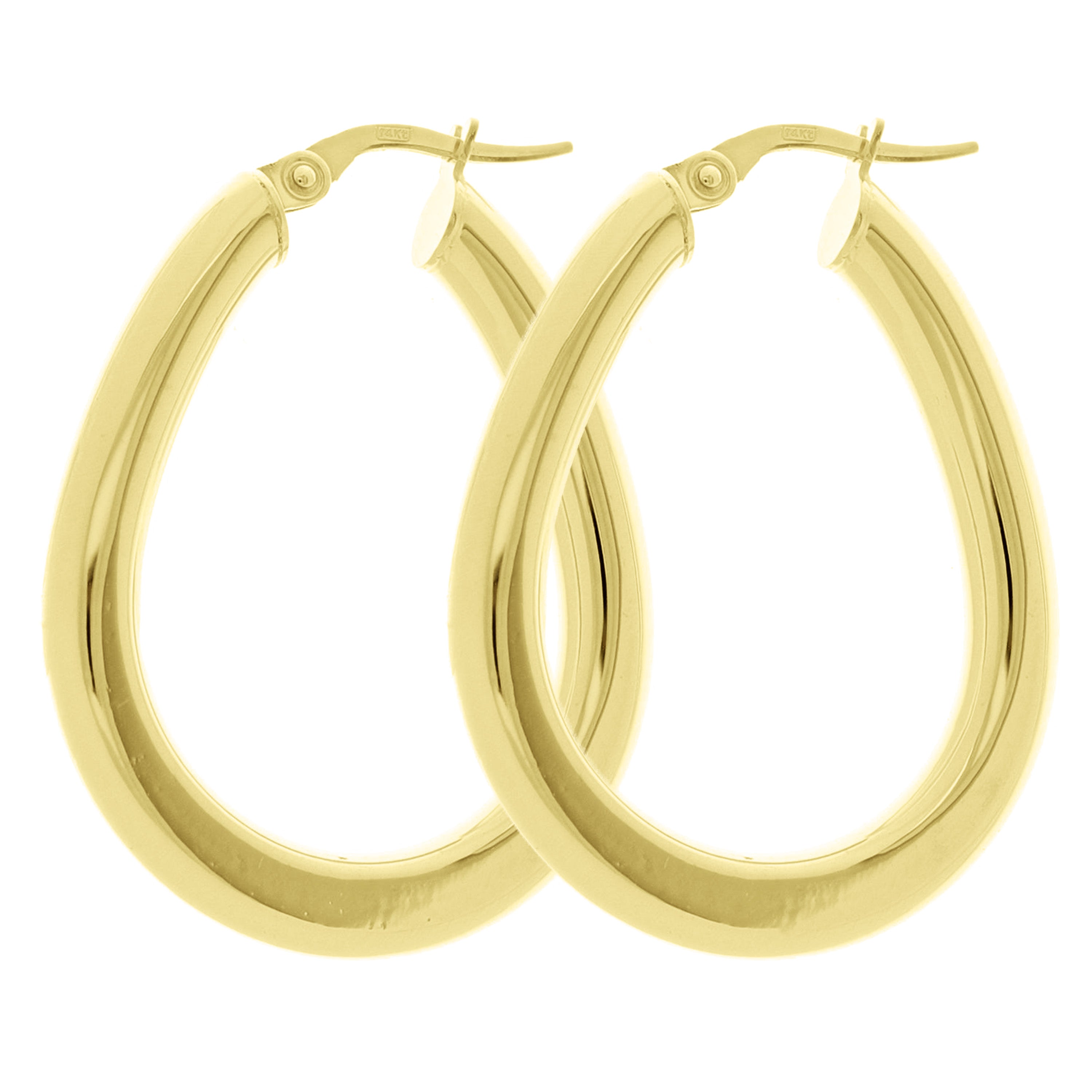 Italian 14k Yellow Gold Flat Tube Tear Drop Hoop Earrings 1.3" 4mm 3.1 grams
