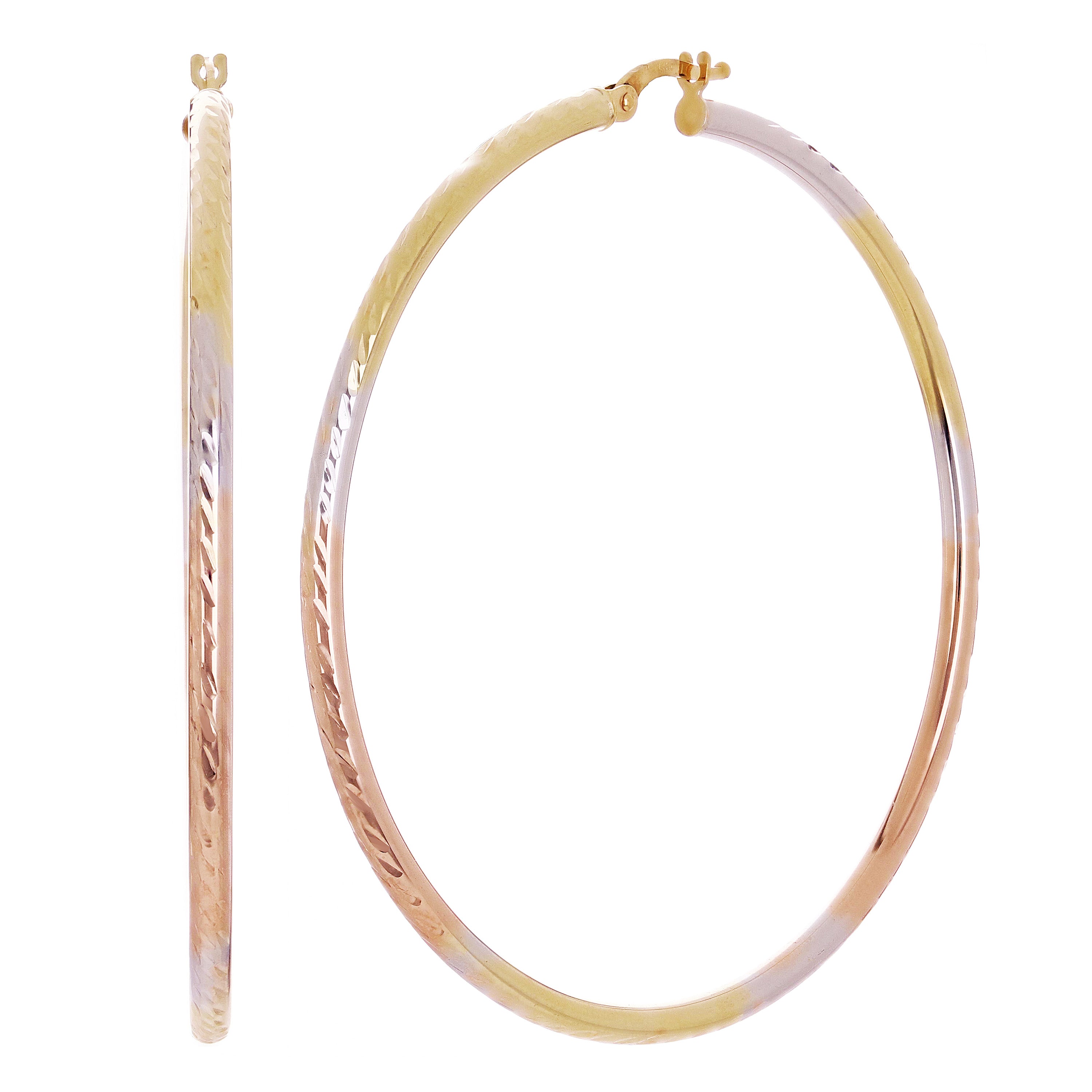 14k Tri Color Gold Diamond Cut Round Hoop Earrings 2.3" 2.5mm 3.6 grams