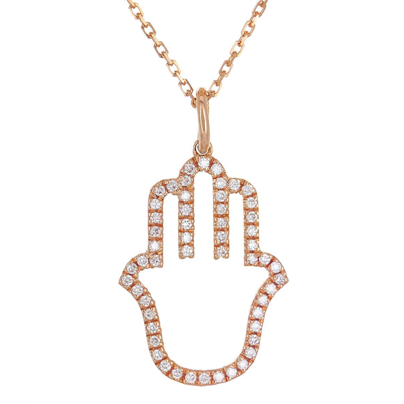 14k Rose Gold Diamond Hamsa Hand of Fatima Pendant Necklace 18