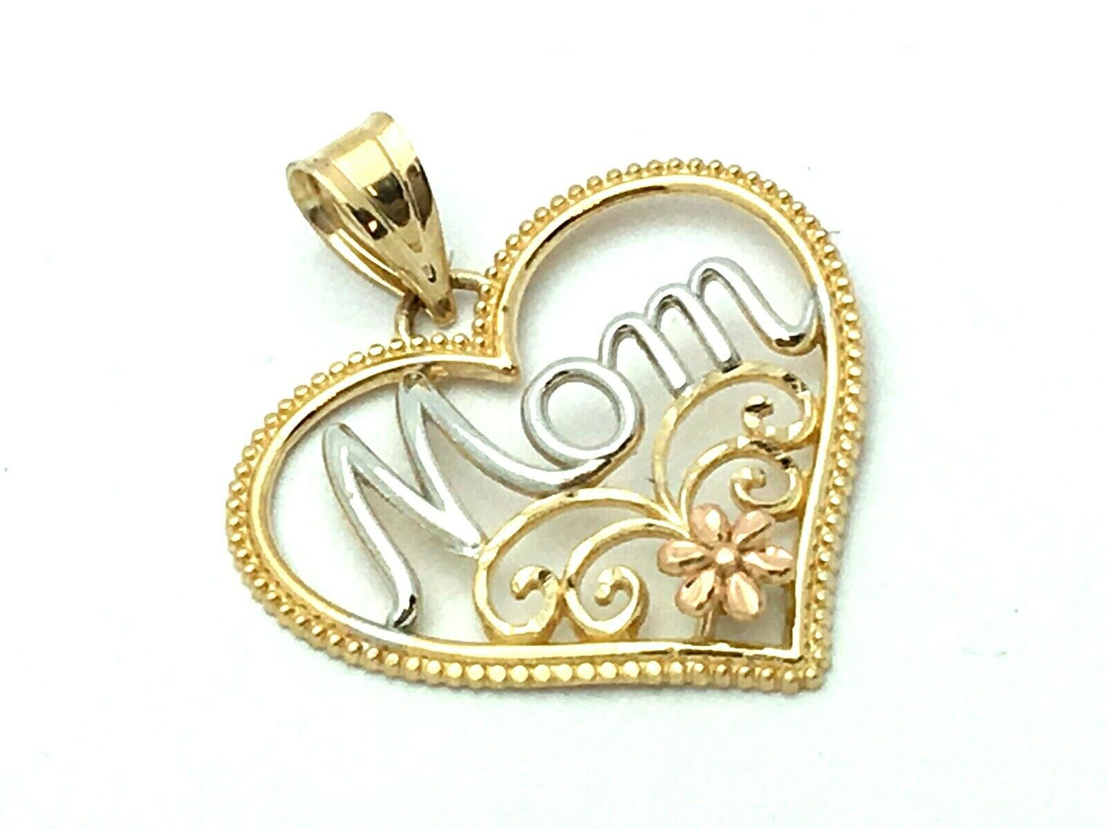 14k Tri Color Gold Flower Heart MOM Charm Pendant 0.9 gram