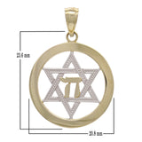 14k Two Tone Gold Round Jewish Star Of David & Hebrew Chai Charm Pendant 2.2g - Yellow and White