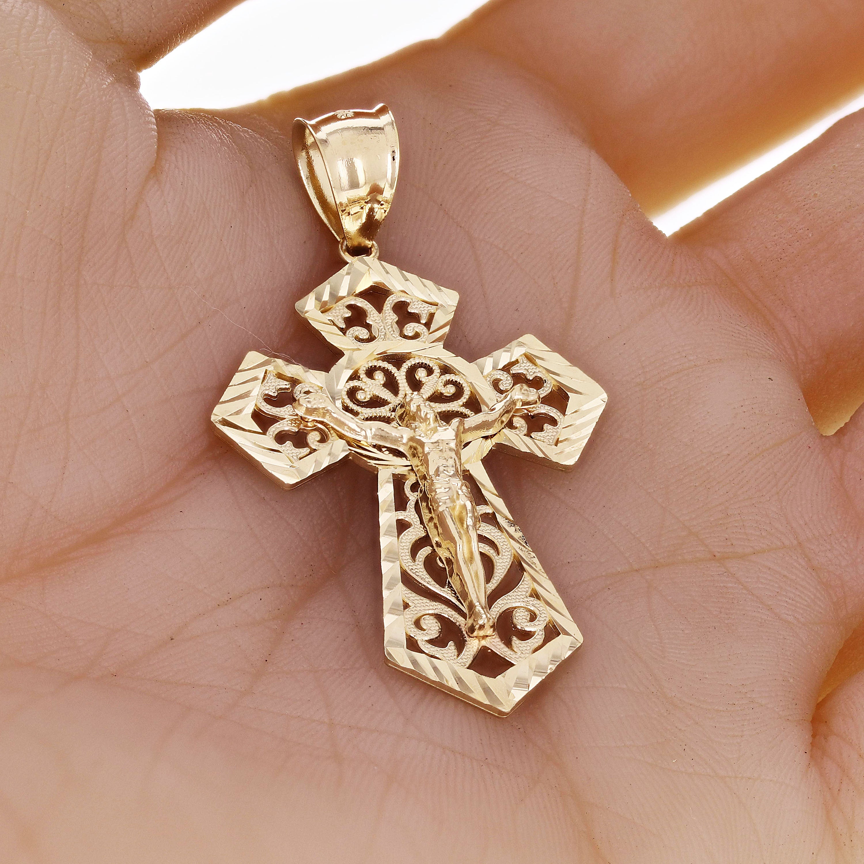 14k Yellow Gold Diamond-Cut Ornate Gothic Crucifix Cross Pendant Charm 2" 4.9g