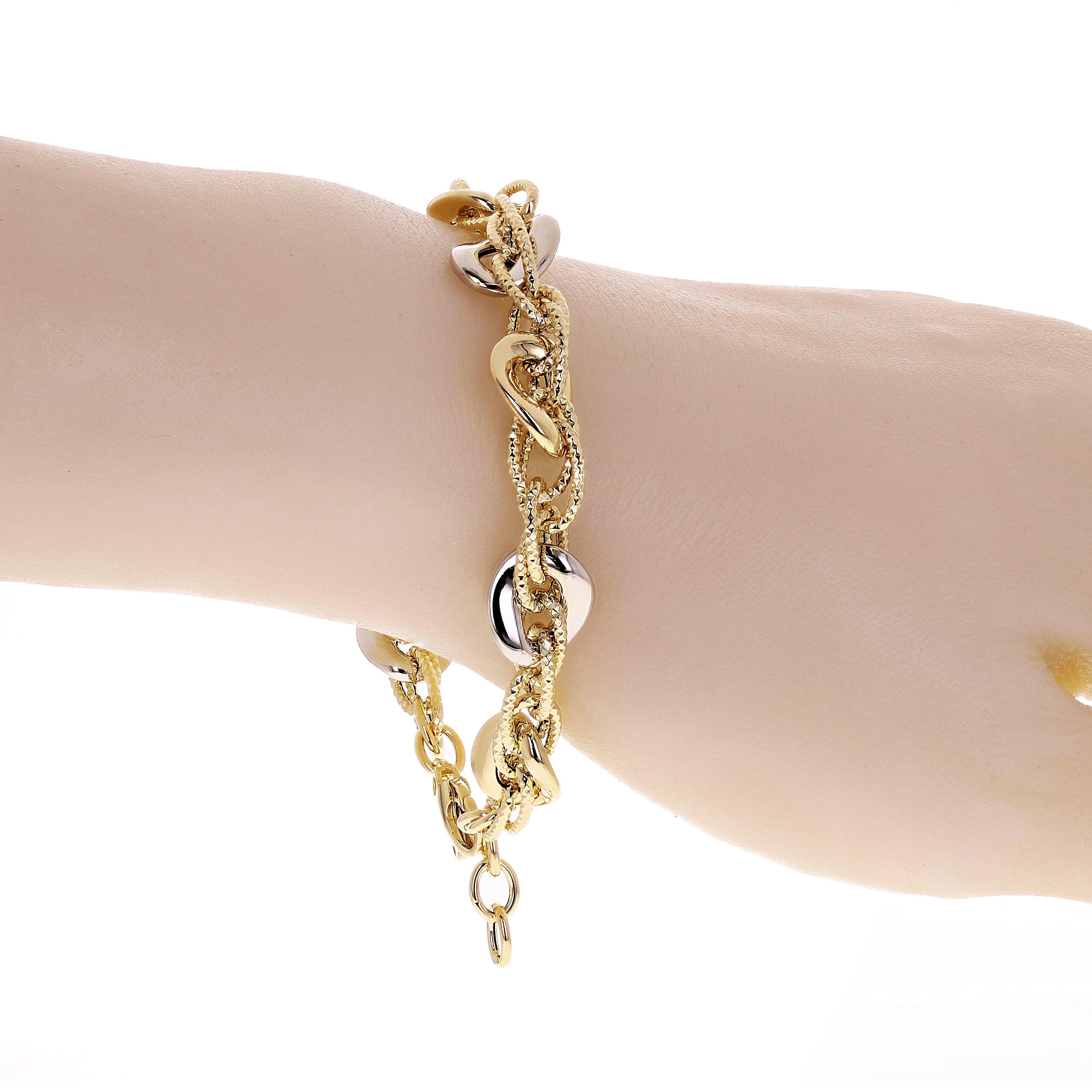 Italian 14k Yellow & White Gold Hollow Fancy Link Charm Bracelet 8.5" 11mm 9.2g