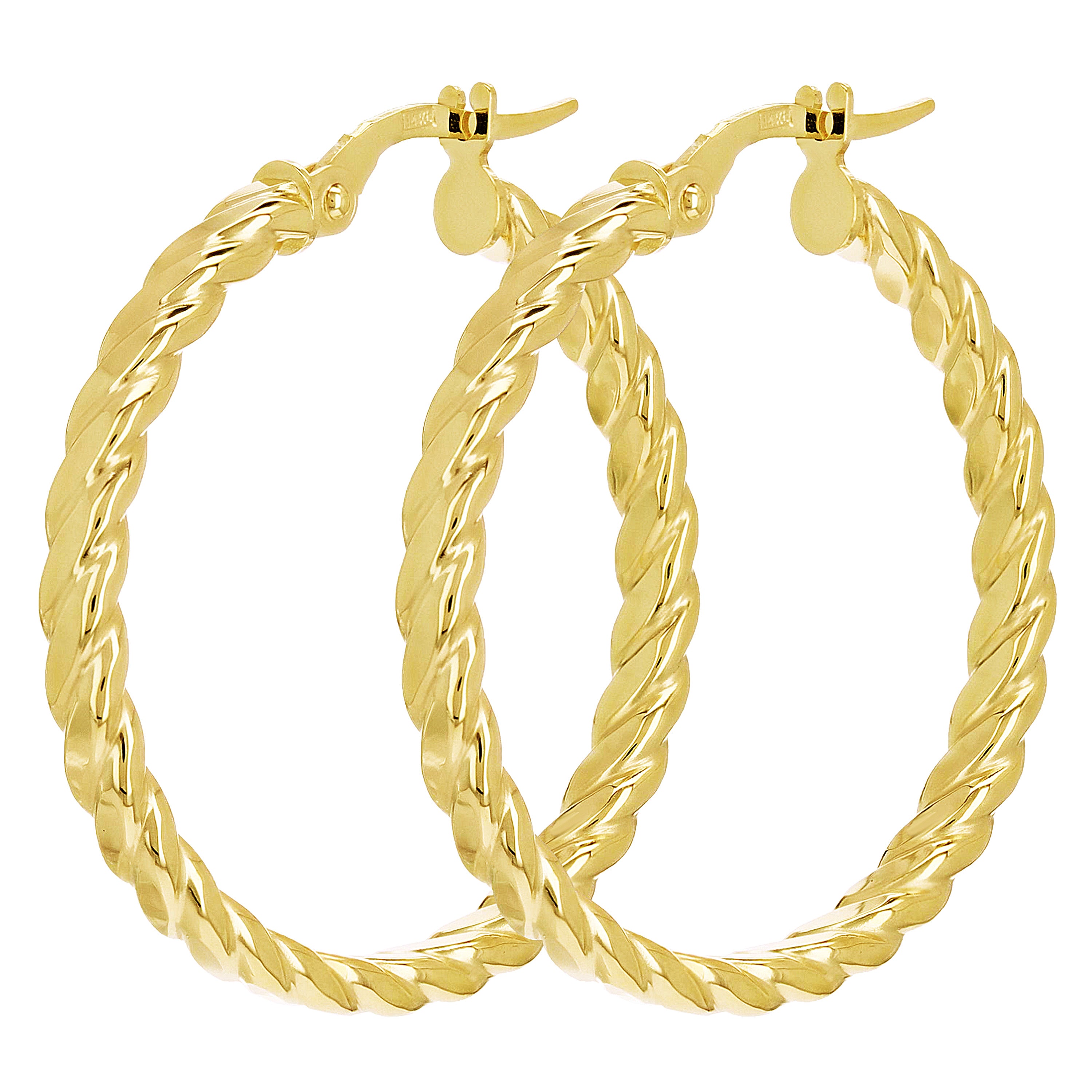Italian 14k Yellow Gold Hollow Flat Rope Hoop Earrings 1.2" 3mm 2.5 grams