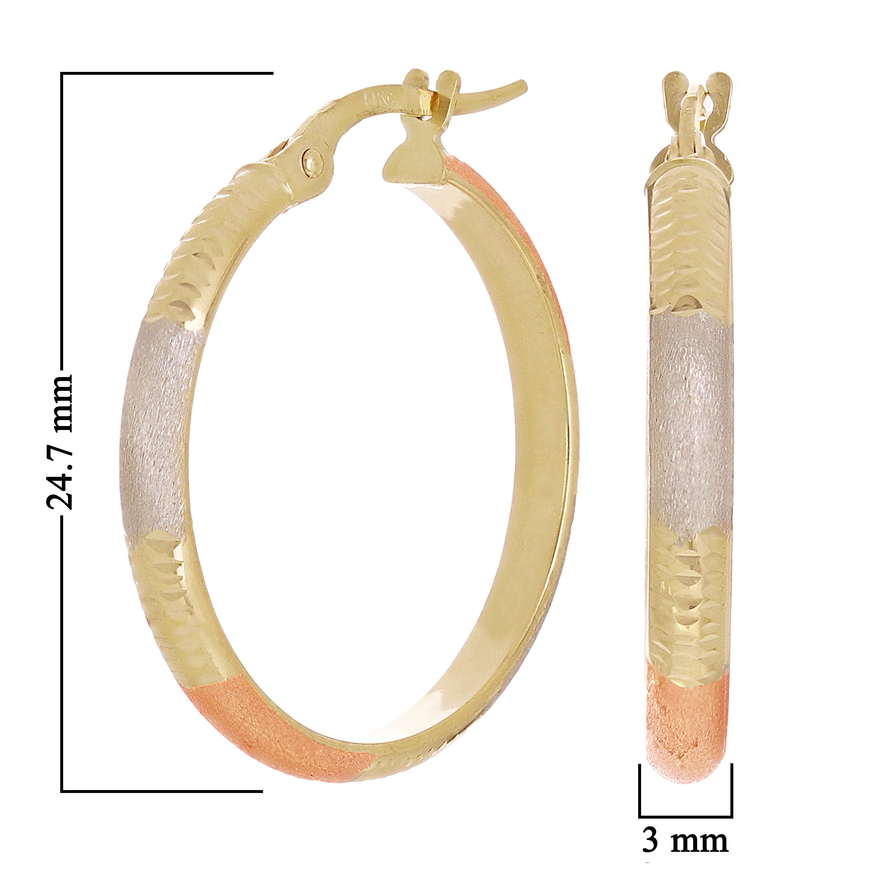 Italian 14k Tri-Color Gold Satin & Diamond Cut Hoop Earrings 1" 3mm 1.4 grams