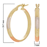 Italian 14k Tri-Color Gold Satin & Diamond Cut Hoop Earrings 1" 3mm 1.4 grams
