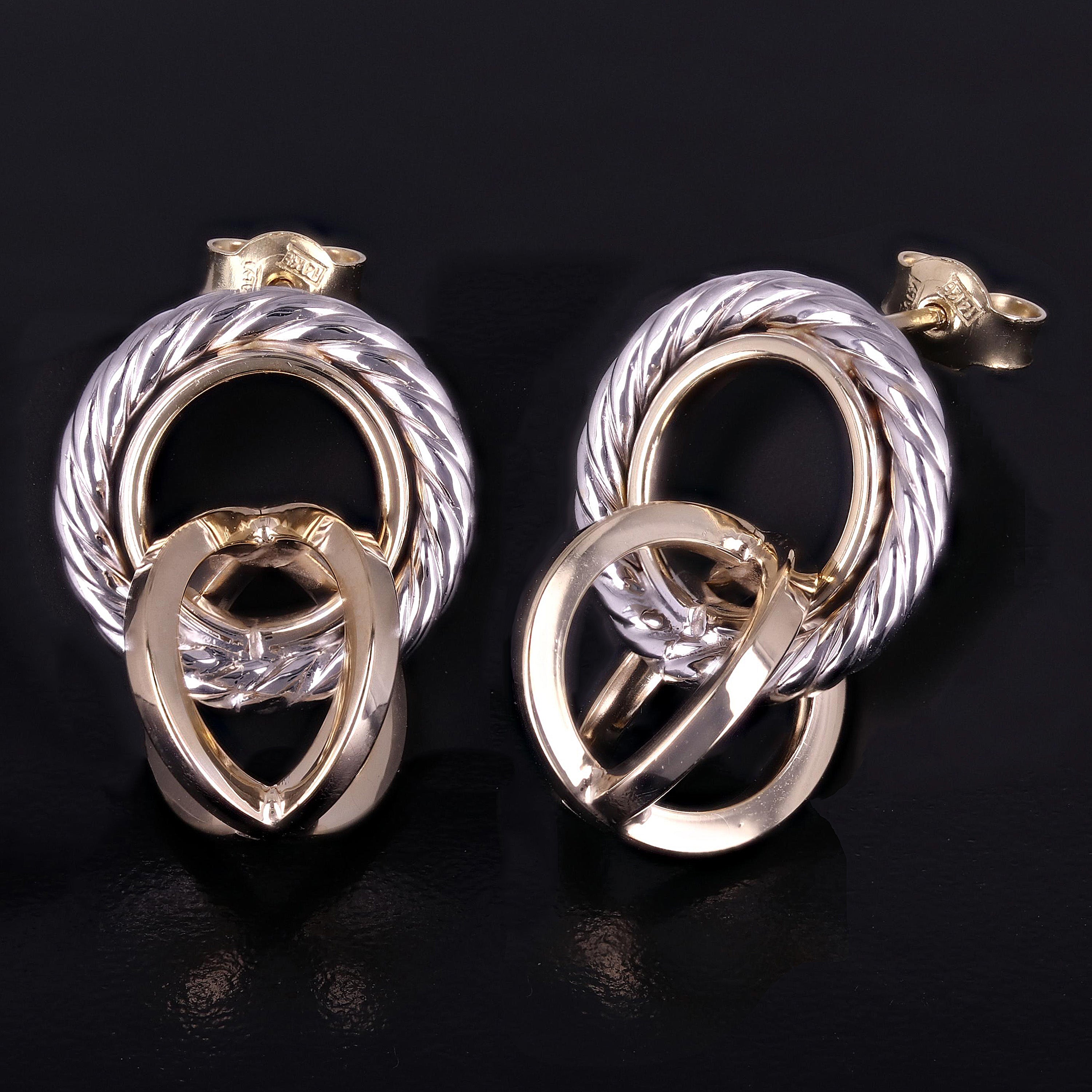Italian 14k Yellow & White Gold Tangent Hoop Rope Eternity Circle Drop Earrings - Tangent Rope Eternity