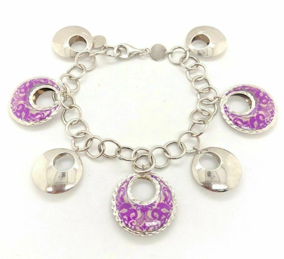 Italian 14k White Gold Fancy Round Charm Bracelet 7.5" 20.9 grams