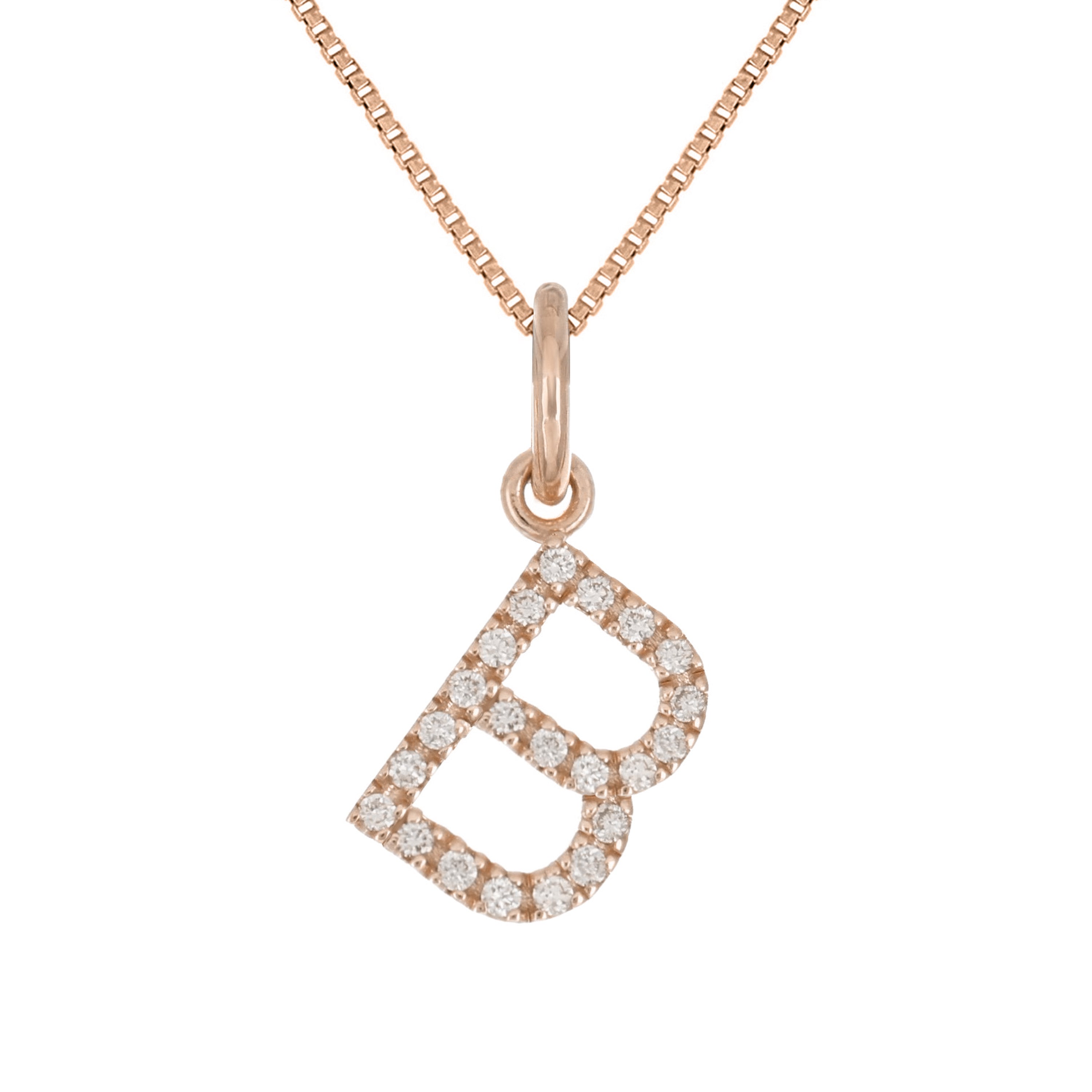 14k Rose Gold Diamond Initial Letter B Charm Pendant Necklace 18" - Letter B,Rose